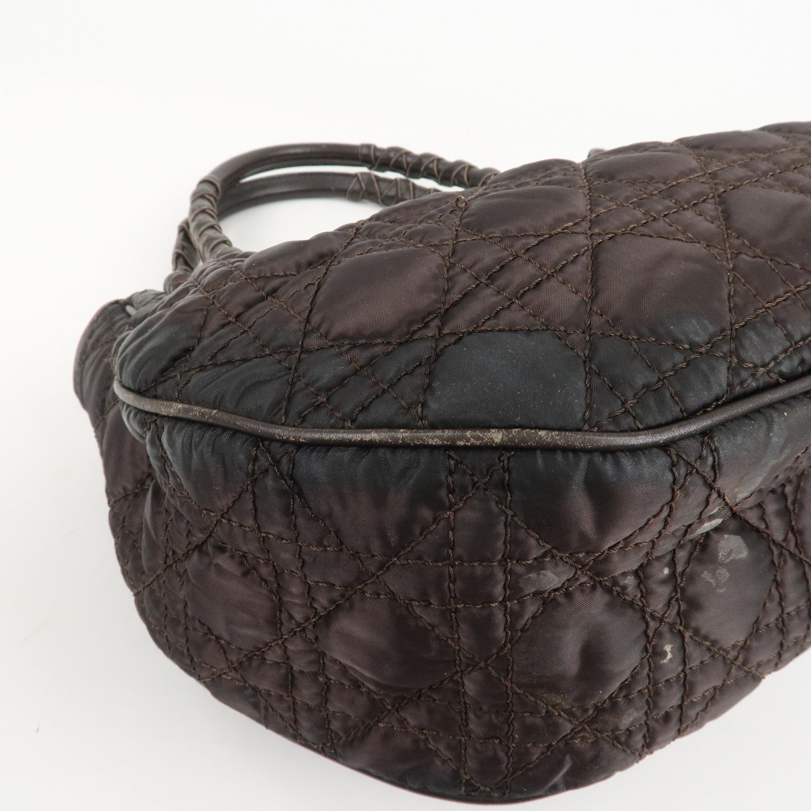 Christian Dior Cannage Nylon Leather Tote Bag Dark Brown Used