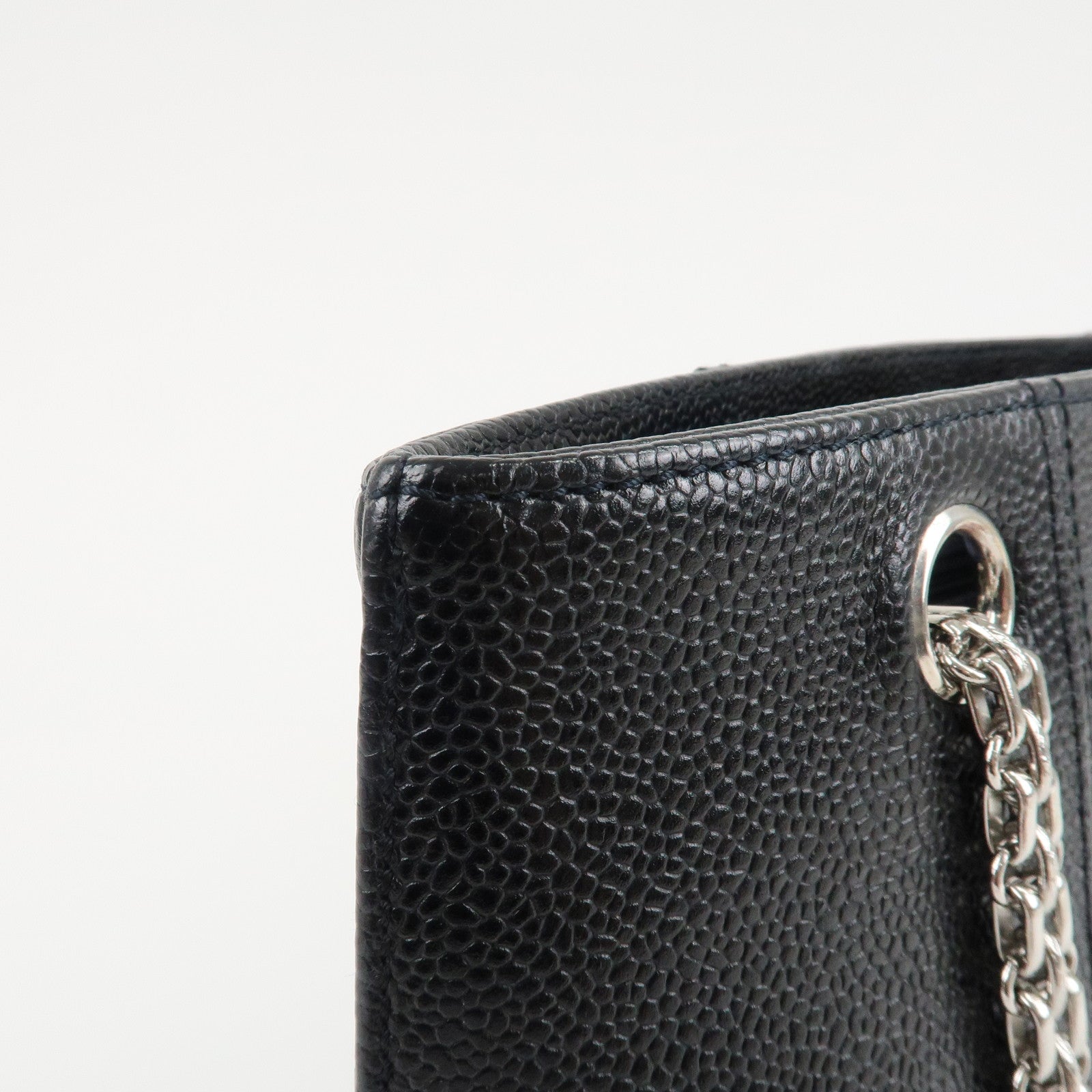 CHANEL Caviar Skin Chain Tote Bag Black Silver Hardware Used