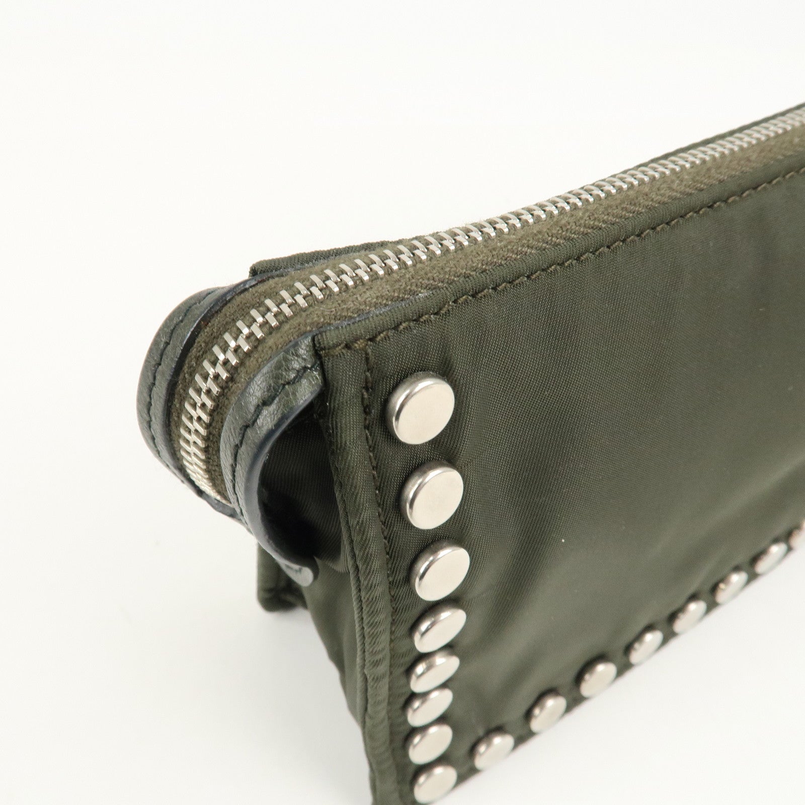 PRADA Tessuto Travel Pouch Studs Military Silver HDW Used
