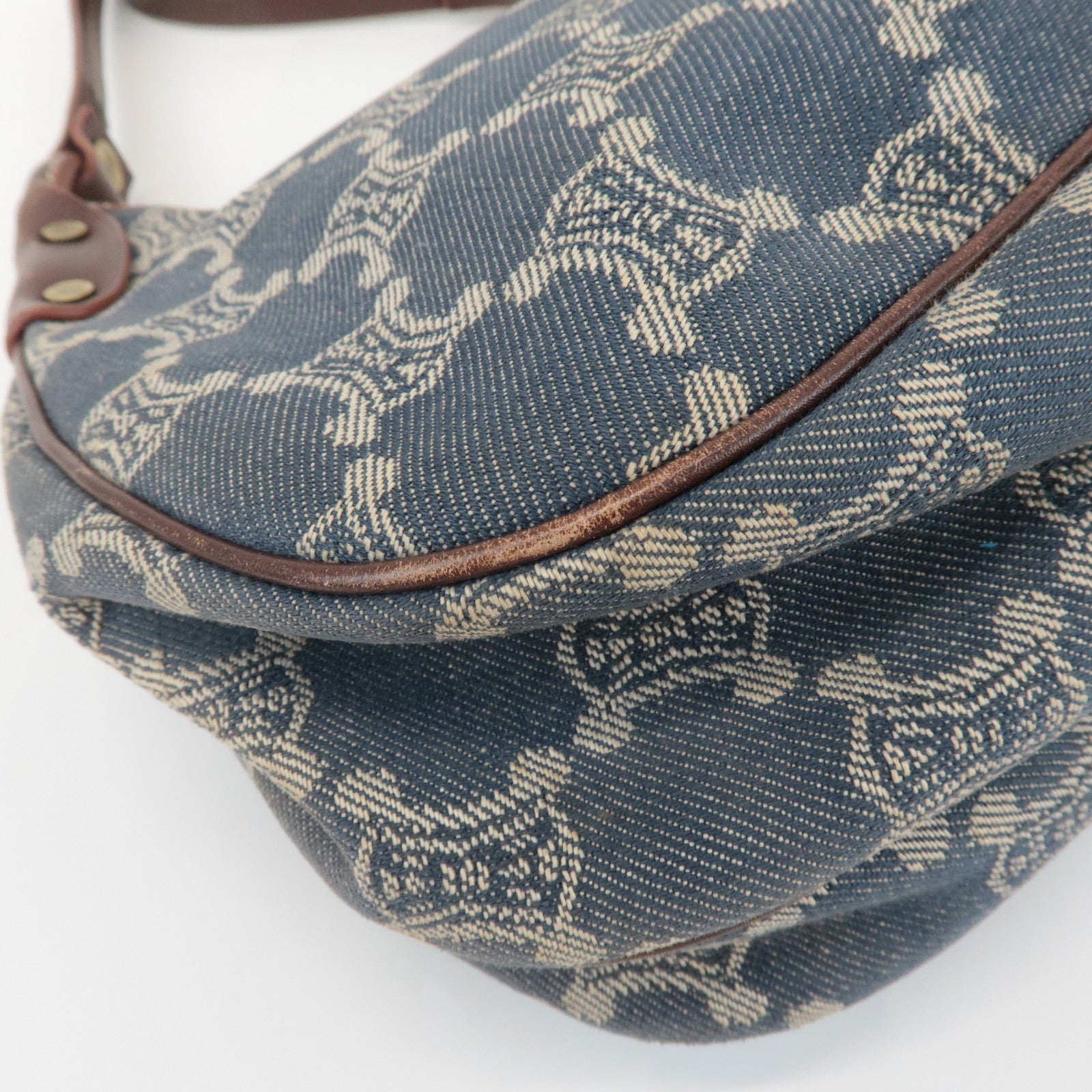 CELINE Macadam Denim Leather Shoulder Bag Blue Brown Used