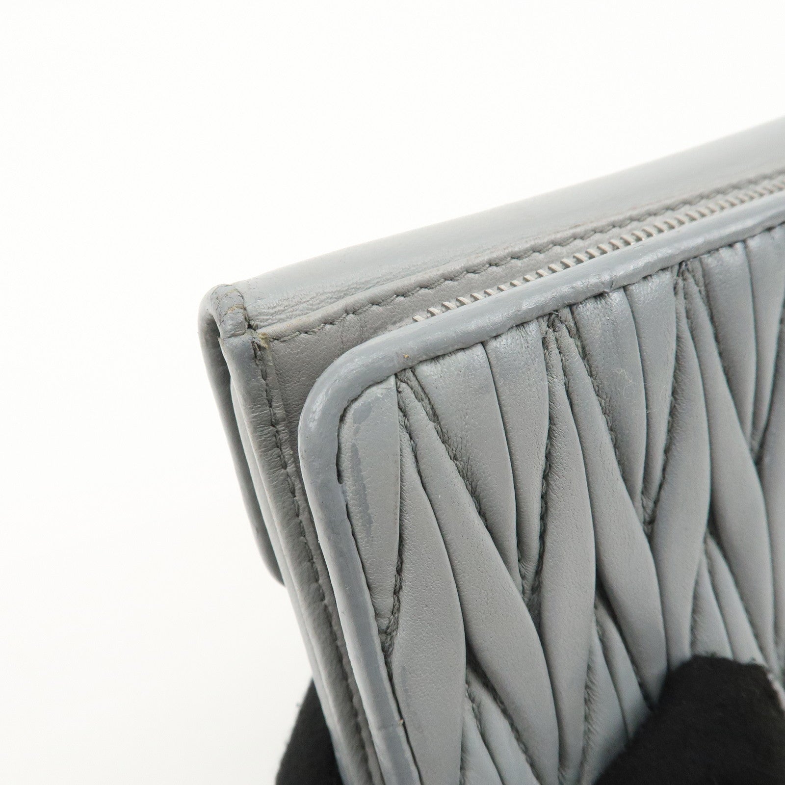 MIU MIU Matelasse Leather Bijoux Studs Tri-fold Wallet Gray Used