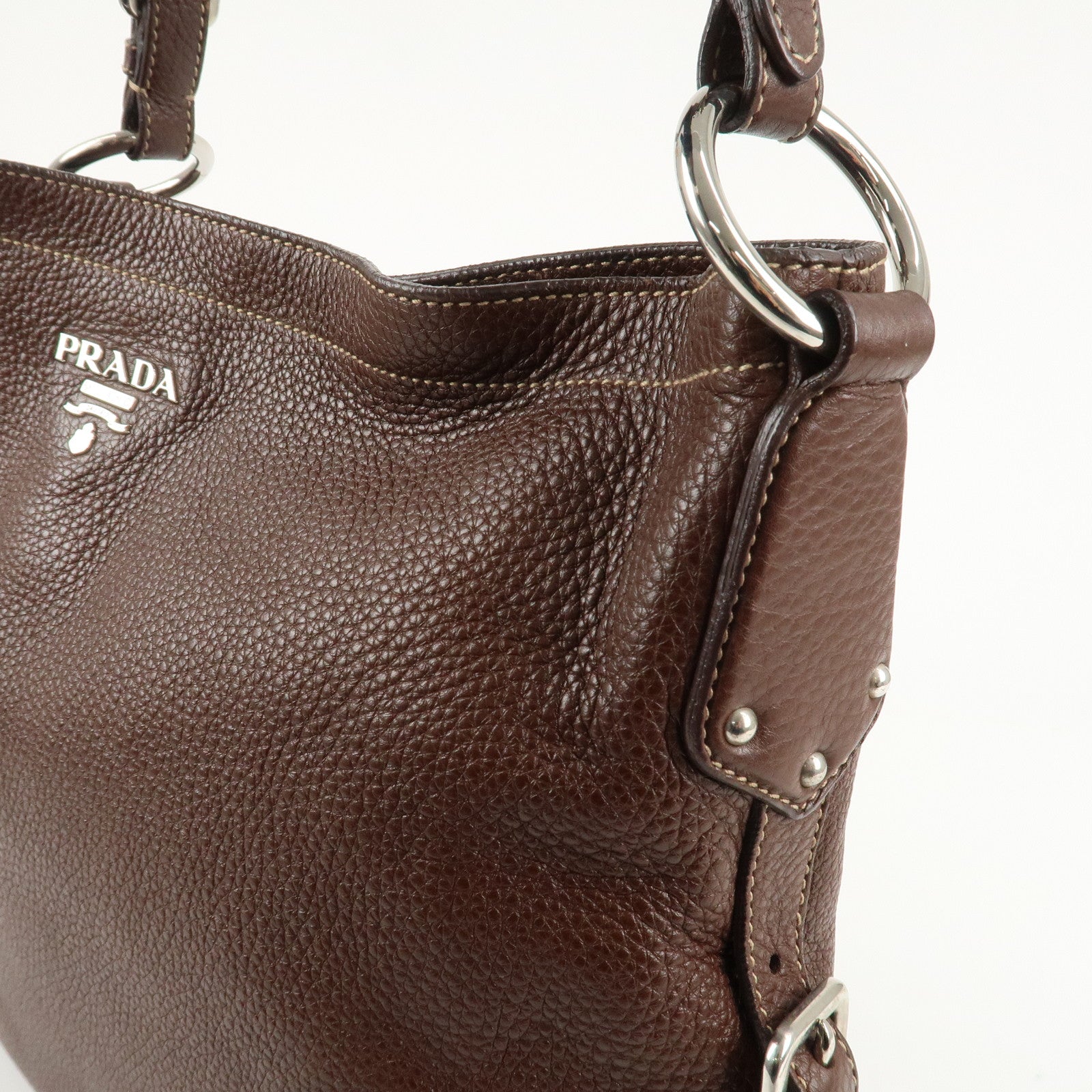 PRADA Leather Shoulder Bag Brown BR3408 Used