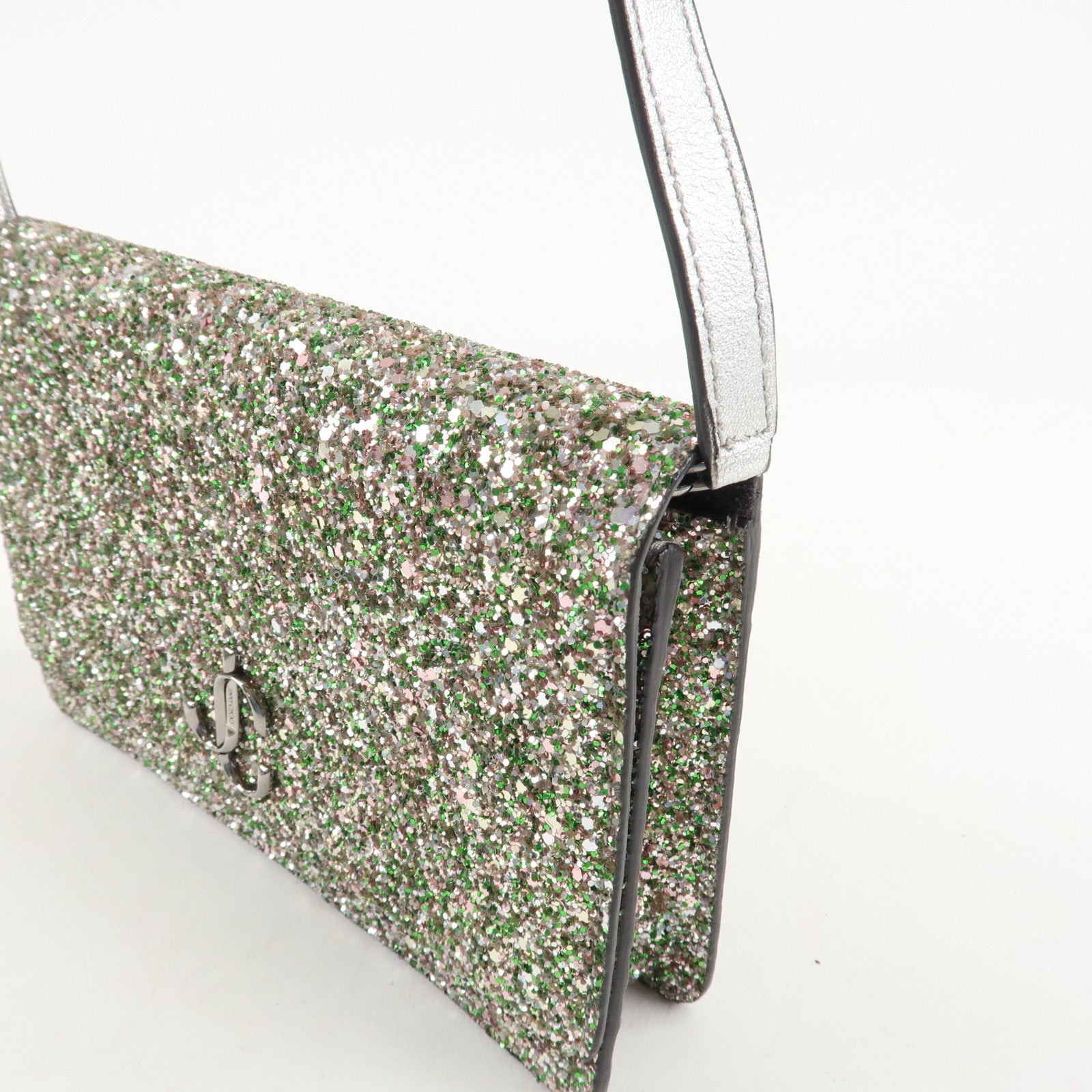 JIMMY CHOO Glitter Leather Shoulder Wallet Bag Green Silver Used