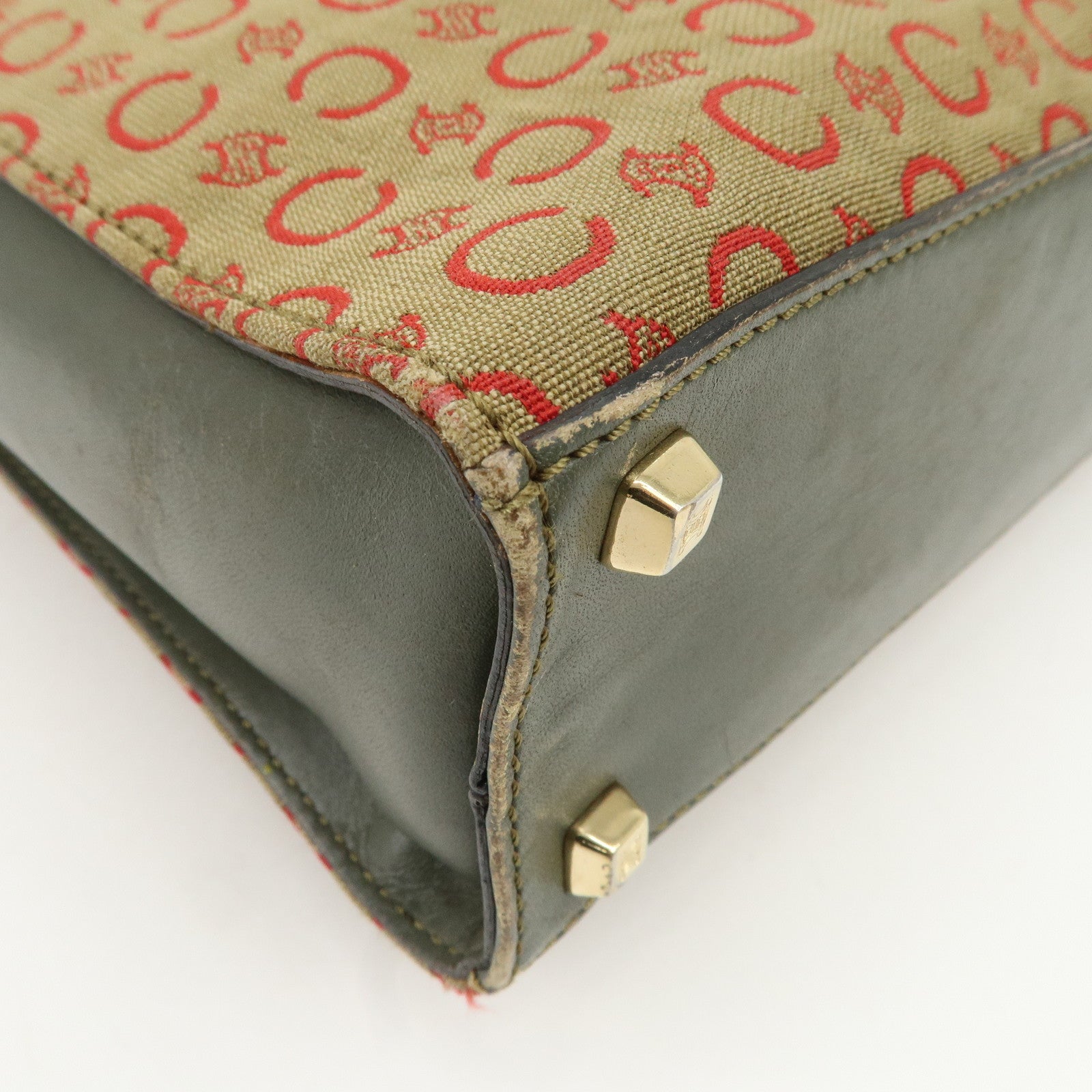 CELINE Macadam Canvas Hand Bag Brown Red Khaki Used