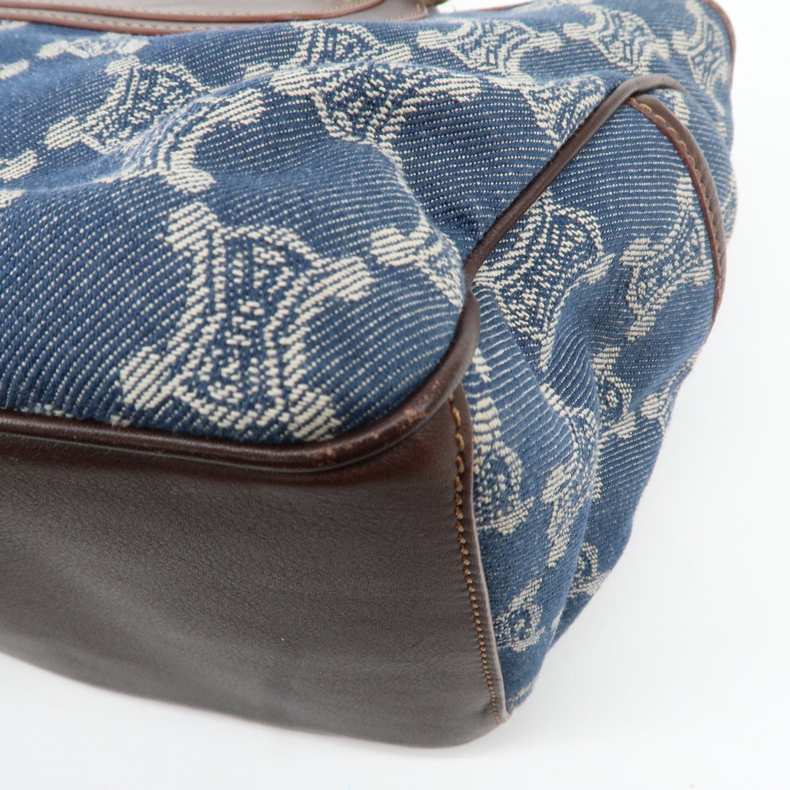 CELINE Macadam Denim Canvas Leather Boogie Bag Tote Bag Blue Brown Used