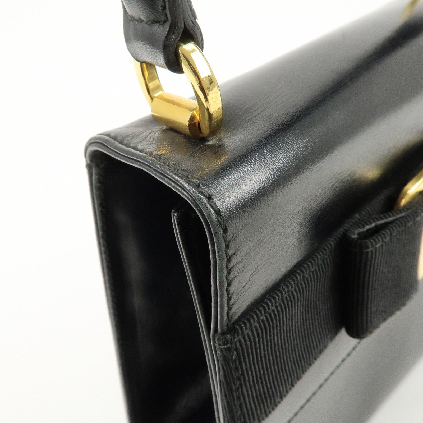 Ferragamo Vara Ribbon Leather Small Hand Bag Black Used