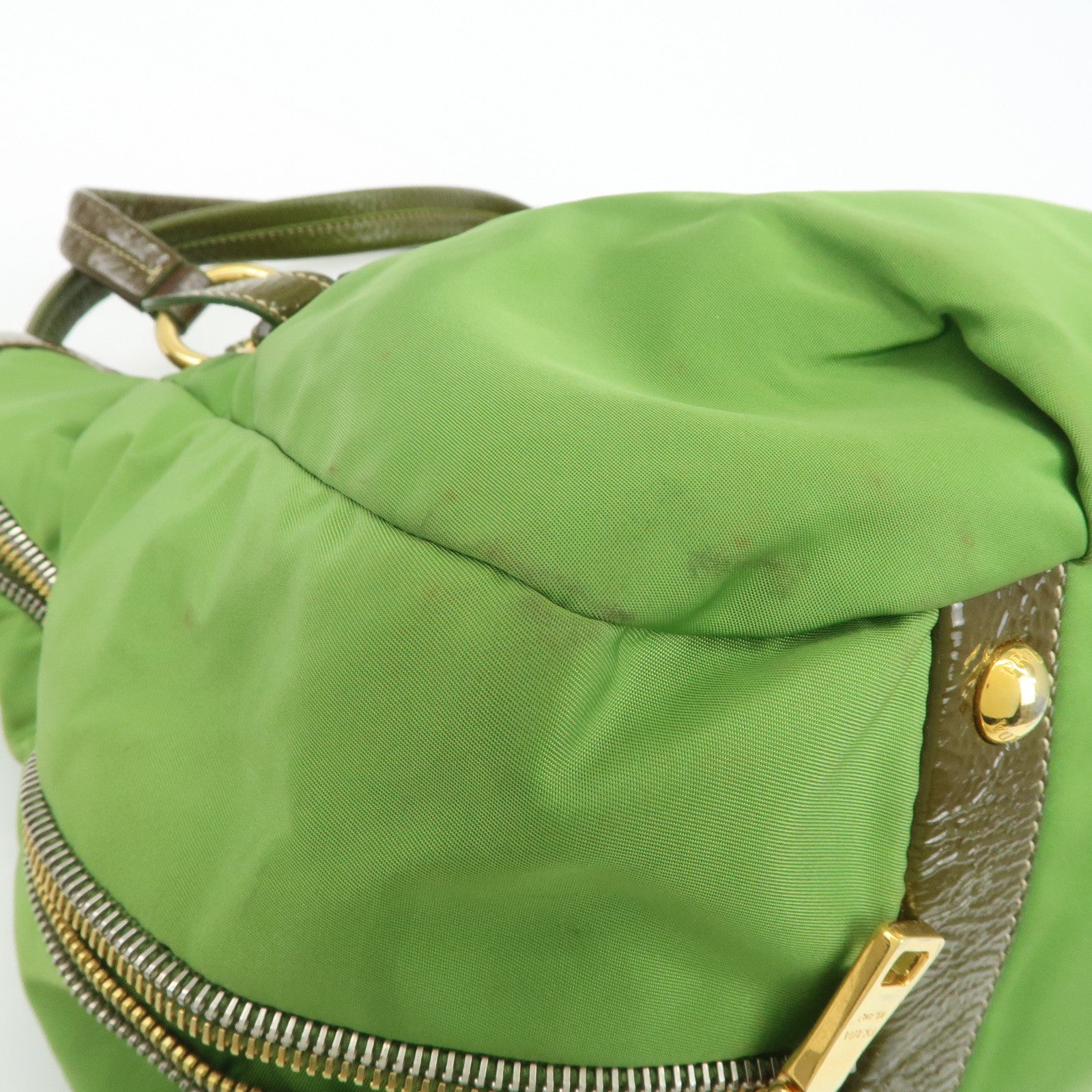 PRADA Nylon Patent Leather Tote Bag Shoulder Bag Green Khaki Used