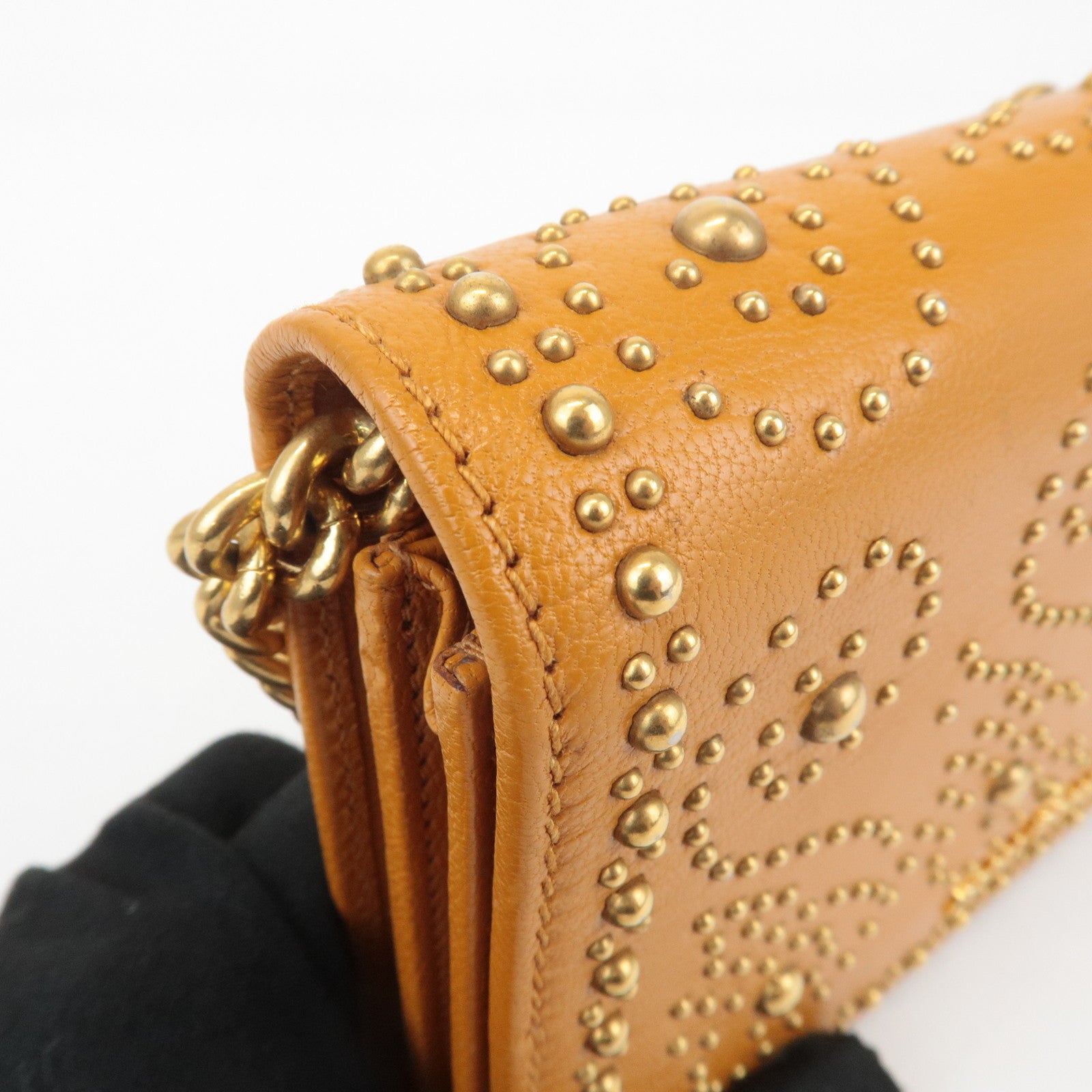 MIU MIU Leather Studs Chain Wallet Shoulder Bag Brown 5BP006 Used