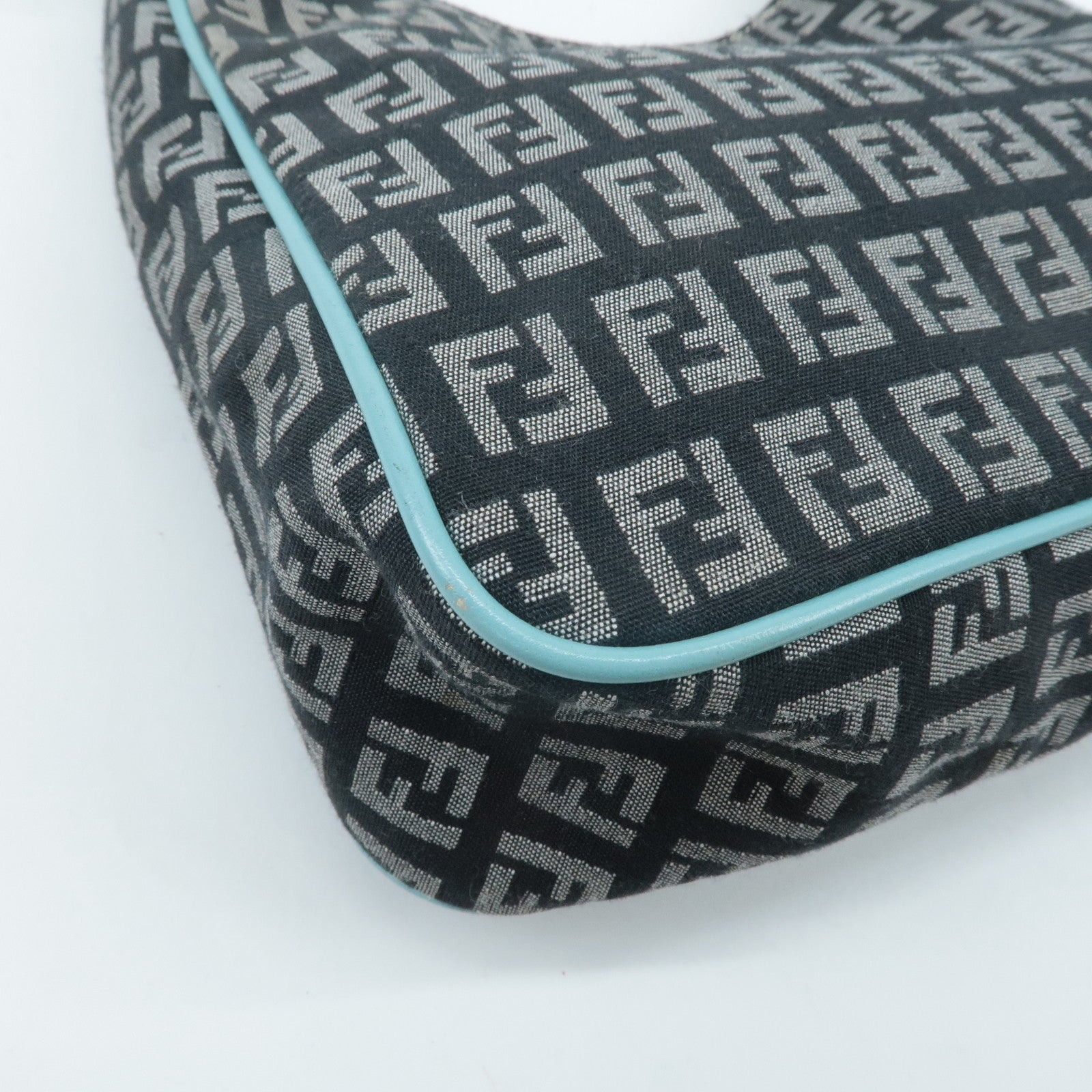 FENDI Zucchino Canvas Leather Shoulder Bag Black White Blue 8BR158 Used