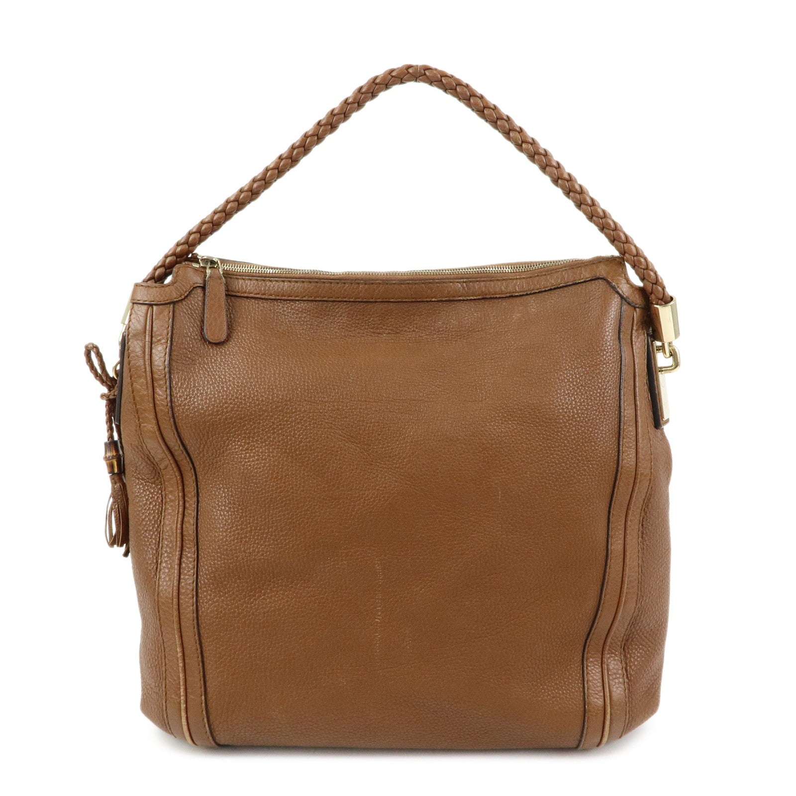 GUCCI Bamboo Leather Shoulder Bag Hand Bag Tassel Brown 269947