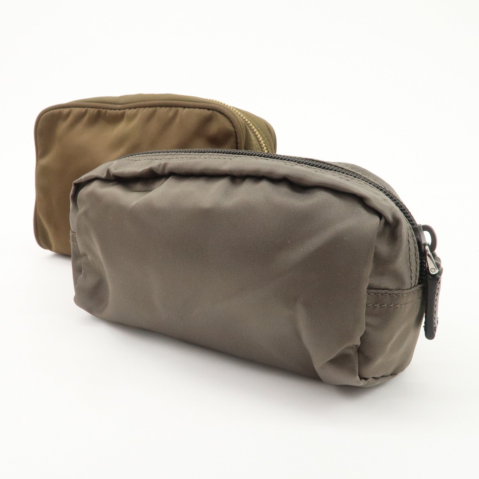 PRADA Set of 2 Leather Nylon Pouch Cosmetic Pouch Gray Khaki Used