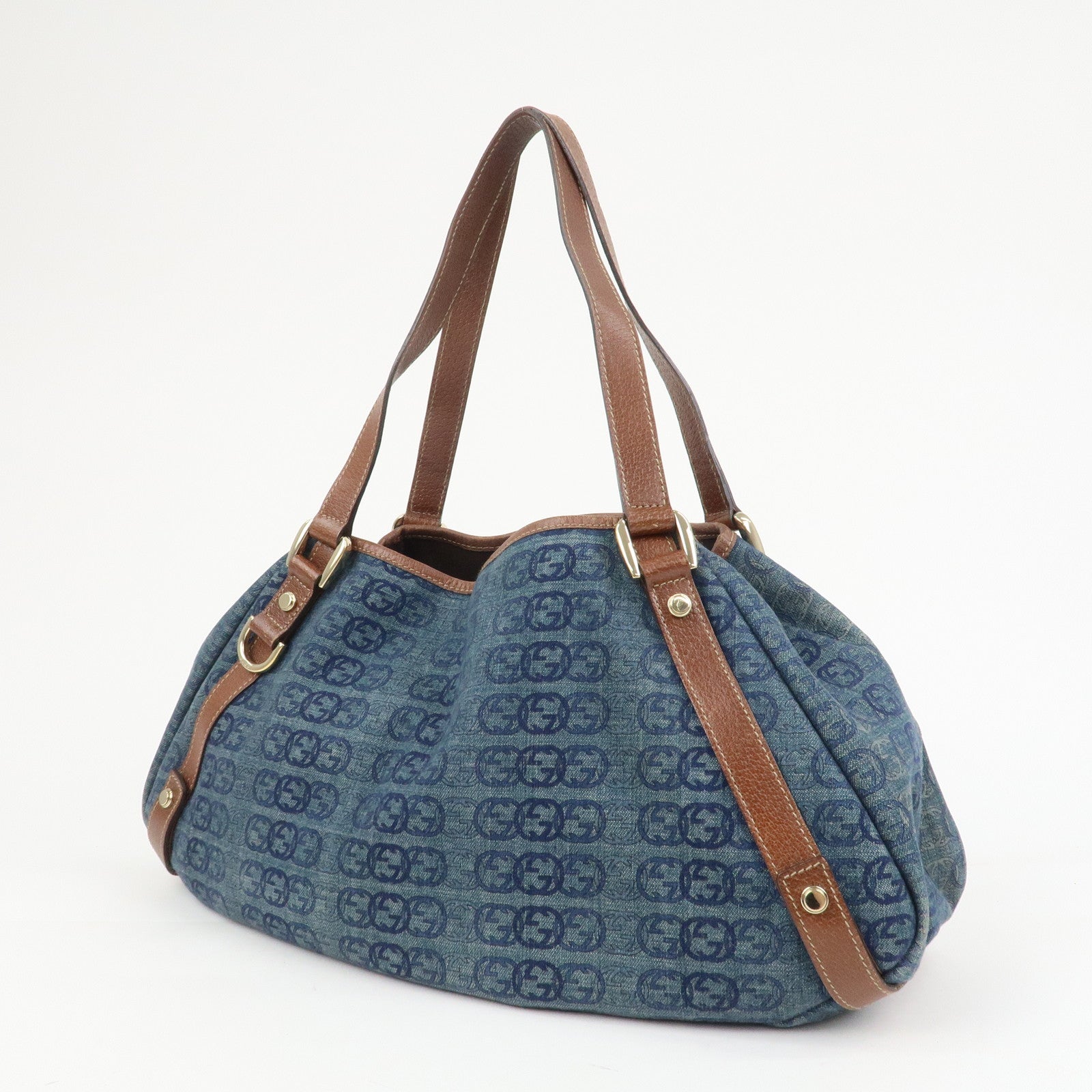 GUCCI Abbey Logo GG Denim Leather Tote Hand Bag Blue Brown 130736