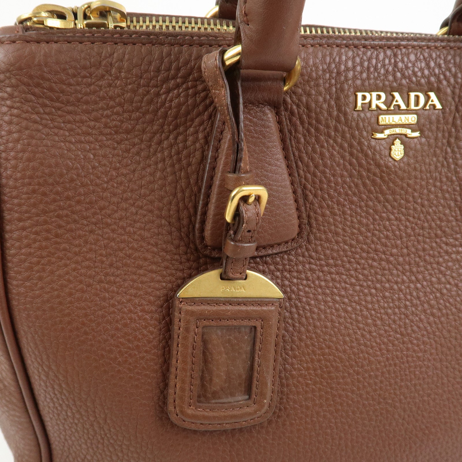 PRADA Logo Leather Hand Bag Tote Bag Brown