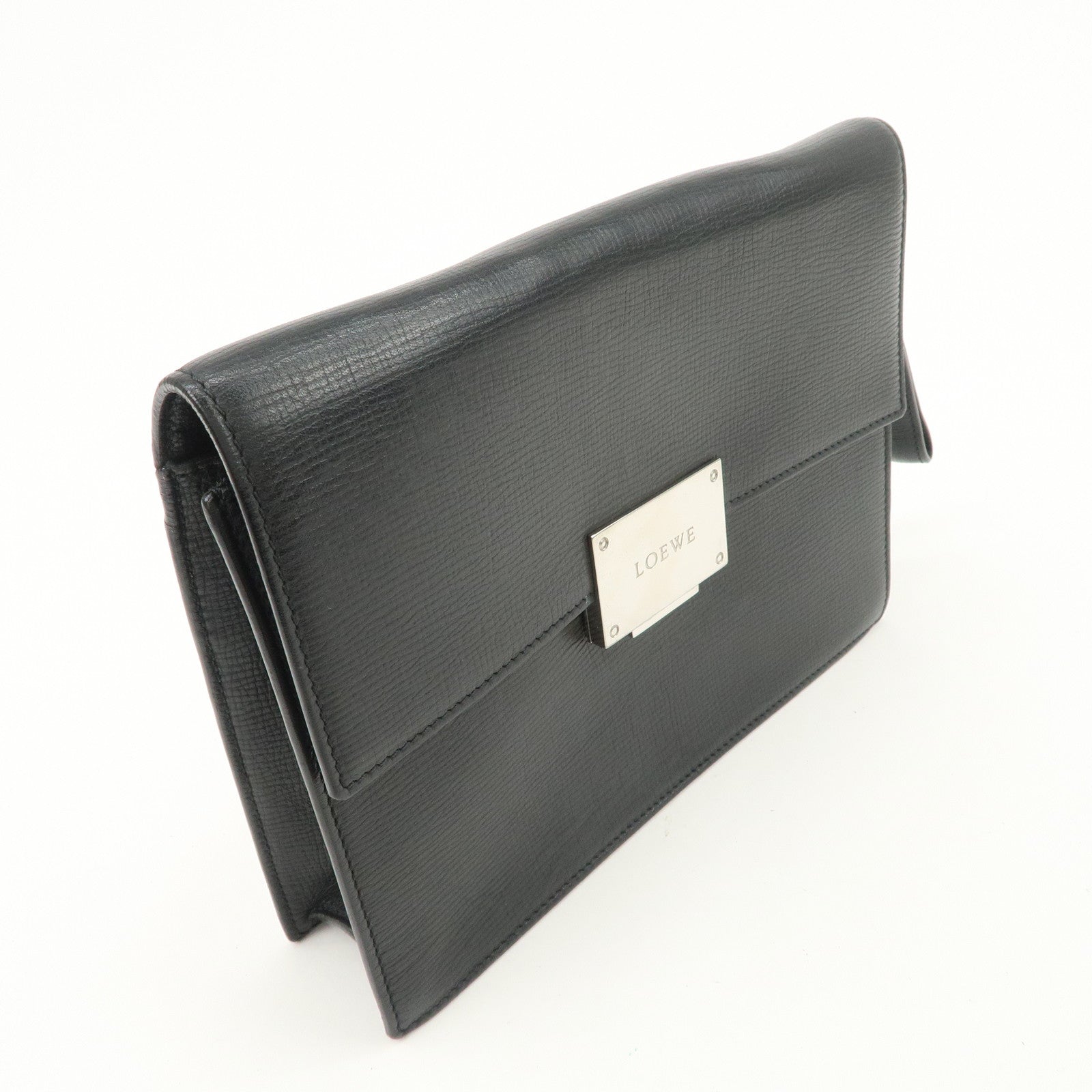 LOEWE Logo Leather Clutch Bag Black Silver Hardware