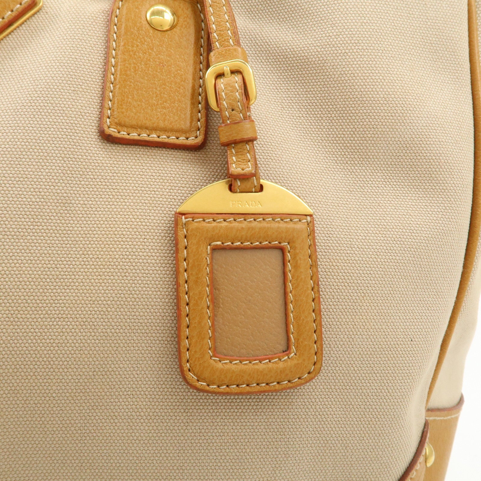 PRADA Triangle Logo Leather Canvas 2 Way Tote Bag Beige Brown