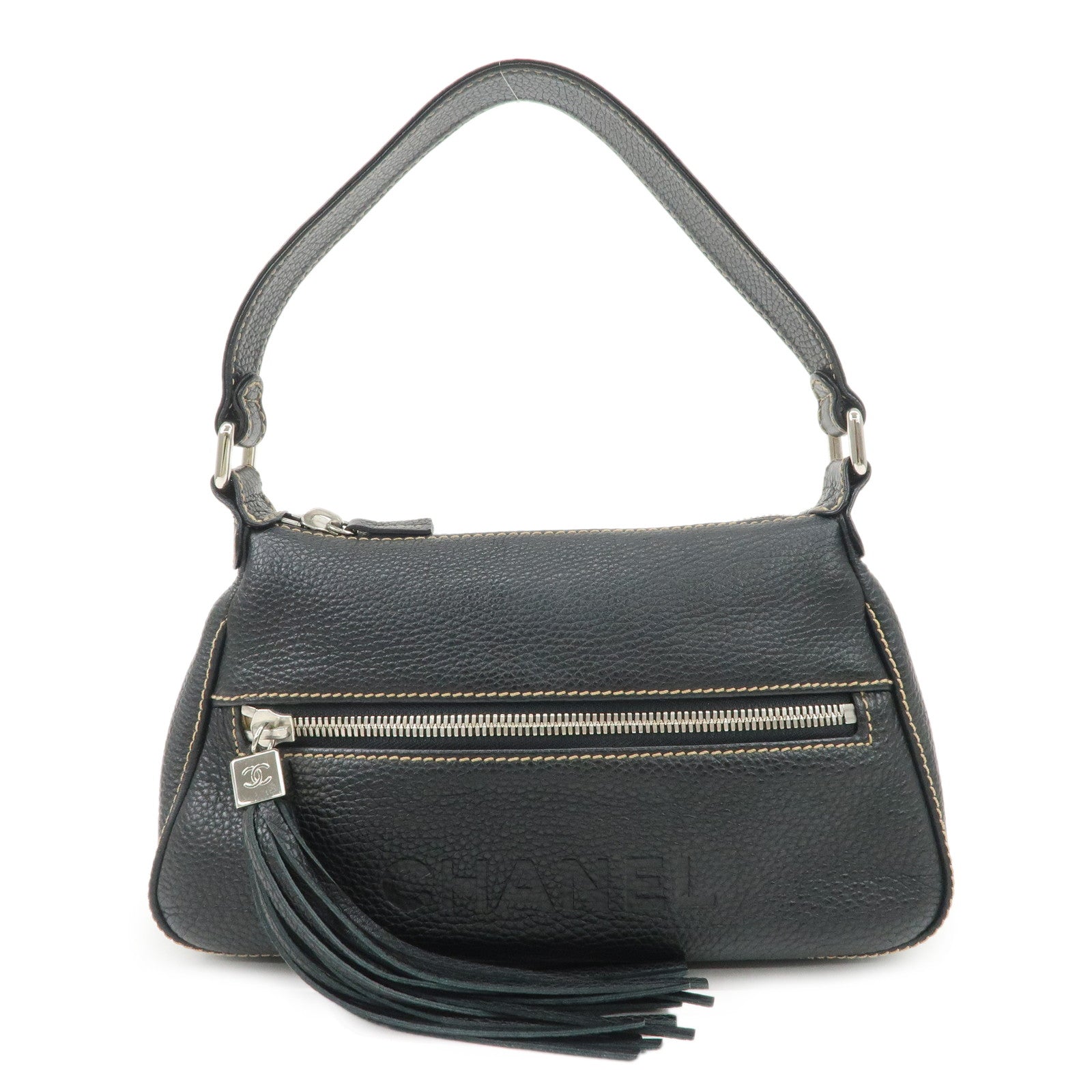 CHANEL Caviar Skin Leather Logo Fringe Shoulder Bag Gold HDW Black Used