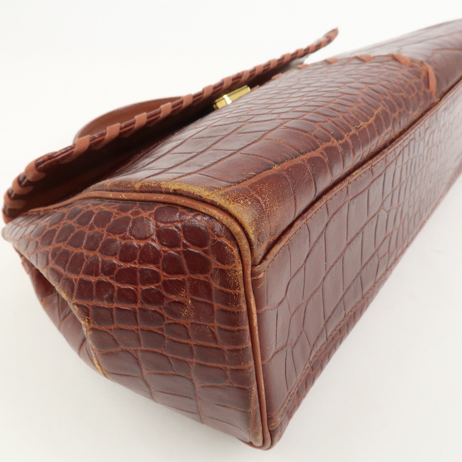 SAINT LAURENT PARIS Embossed Leather Hand Bag Red Brown