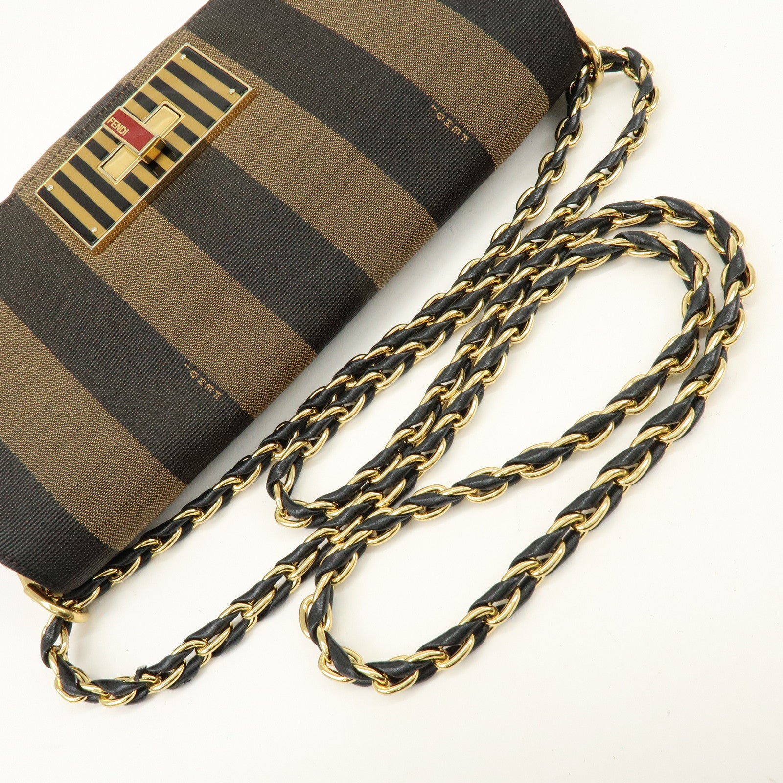 FENDI Pequin Canvas Leather Shoulder Bag Brown Black 8BT204