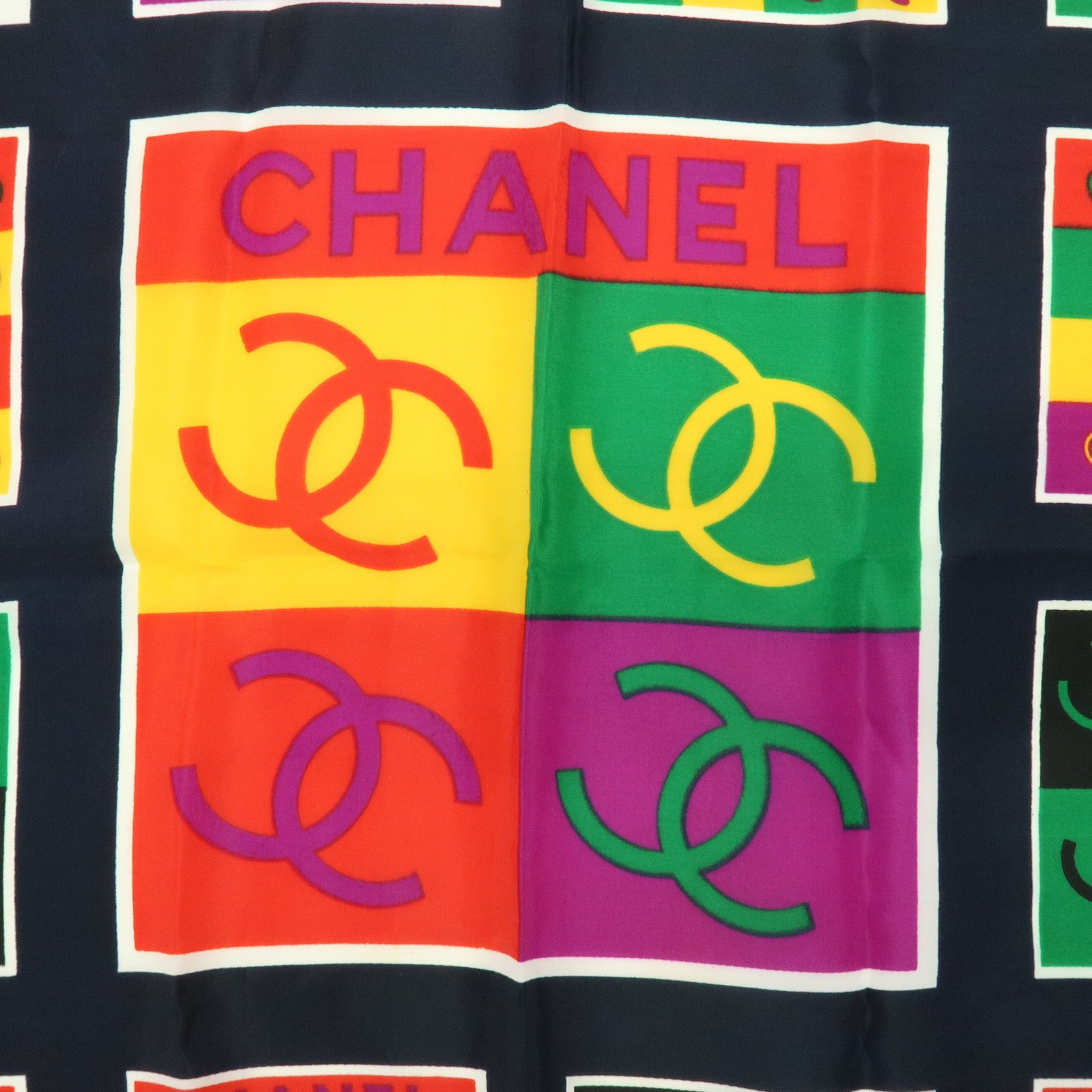 CHANEL COCO Mark Silk 100% Scarf Logo Print Black Multicolor