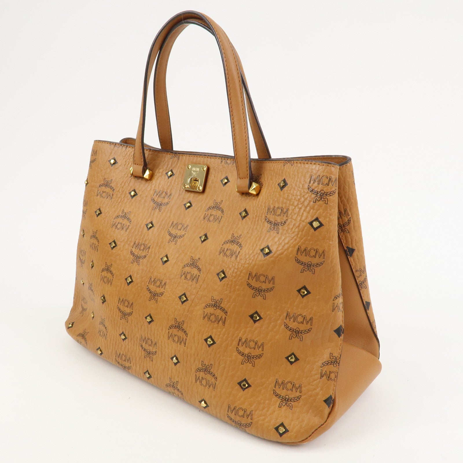 MCM Visetos PVC Leather 2Way Bag Hand Shoulder Bag Studs Cognac