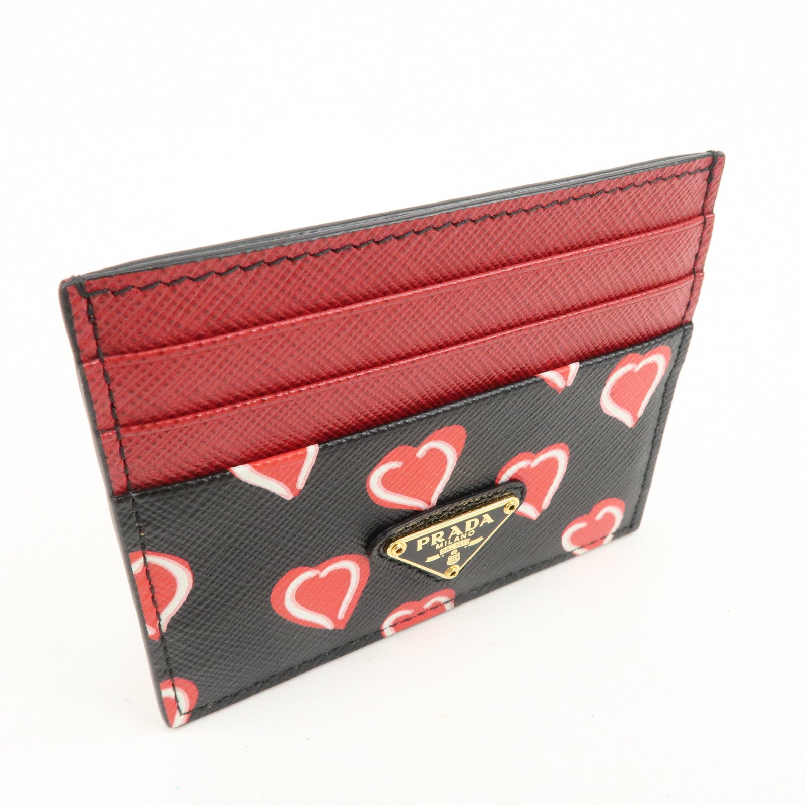 PRADA Triangle Logo Saffiano Leather Card Case Black Red 1MC025