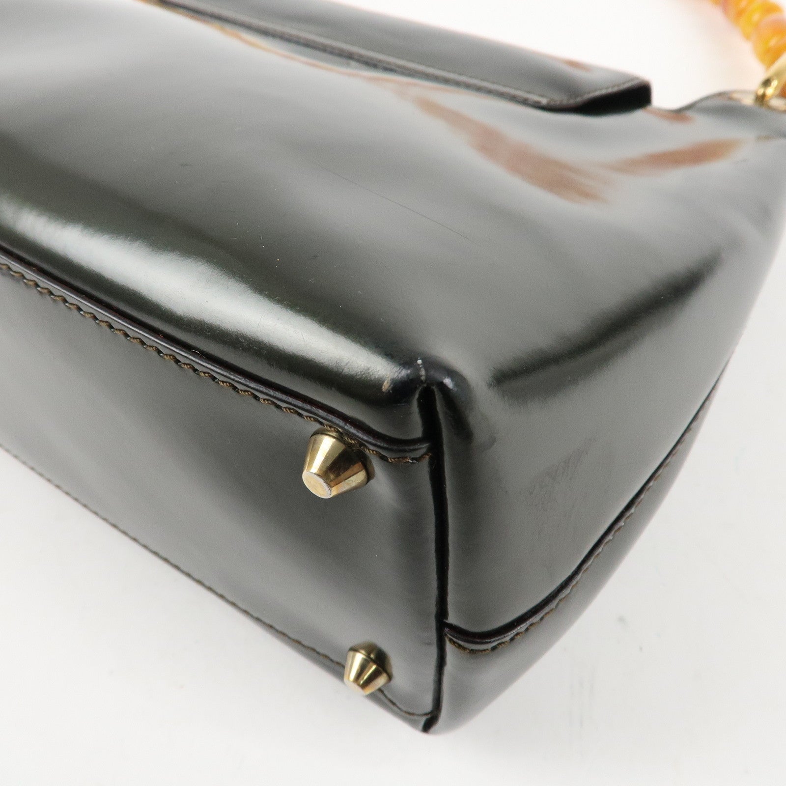 Christian Dior Enamel Leather Maris Pearl Shoulder Bag Hand Bag Khaki Used