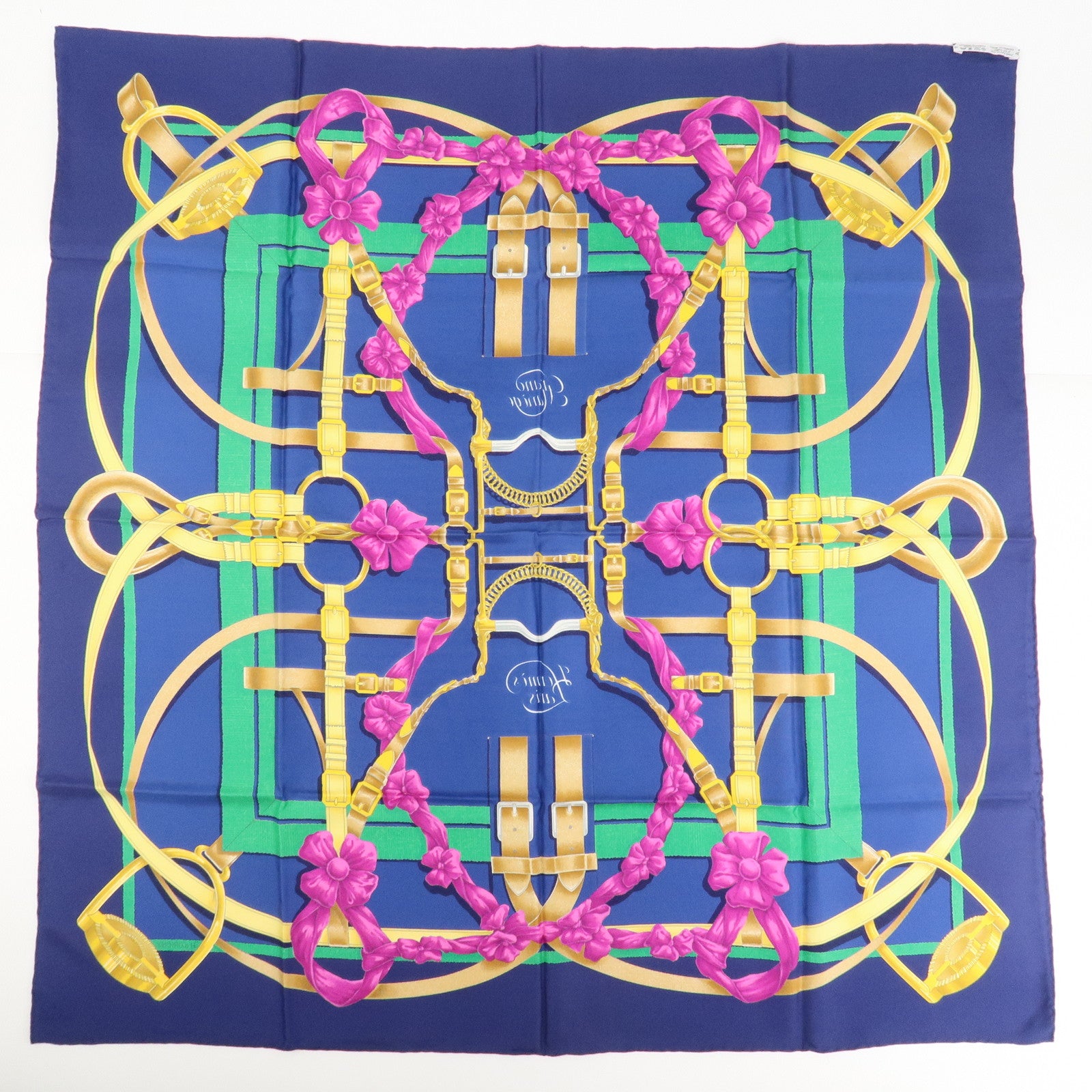 HERMES Carre 90 Silk 100% Blue Yellow Green Used