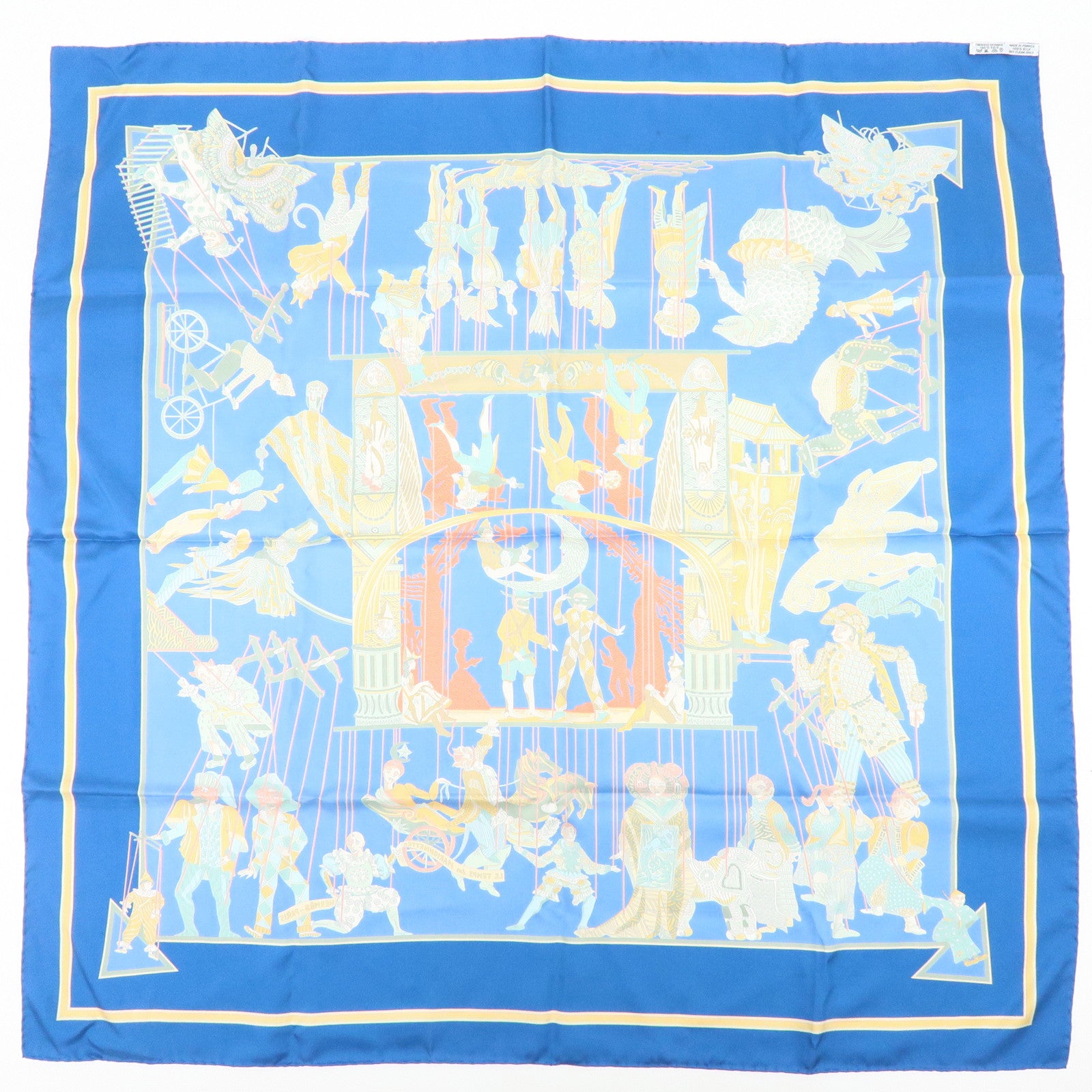 HERMES Carre 90 Silk 100% Scarf LE TEMPS des MARIONNETTES Blue
