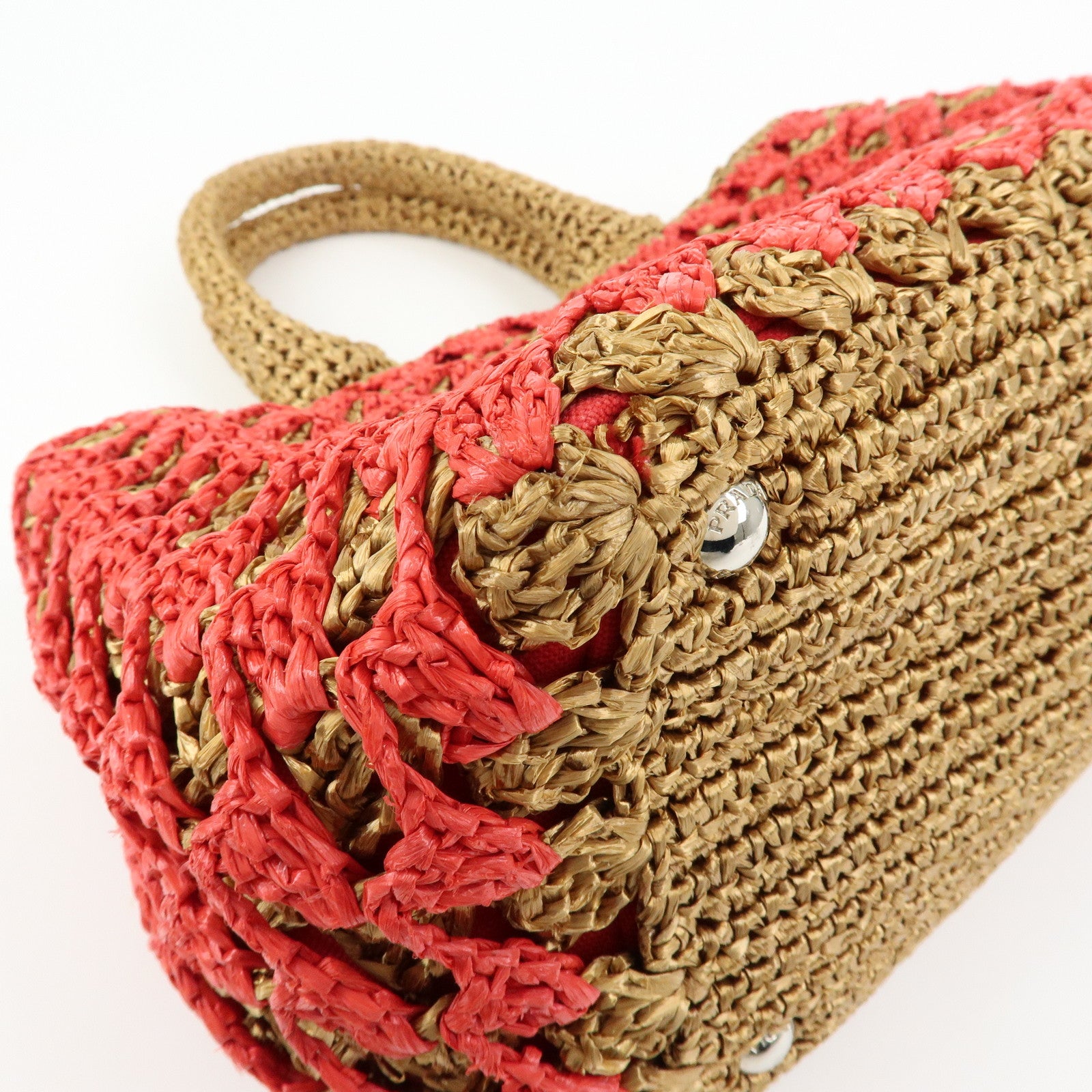 PRADA Triangle Logo Raffia 2Way Bag Hand Bag Shoulder Bag Red Brown