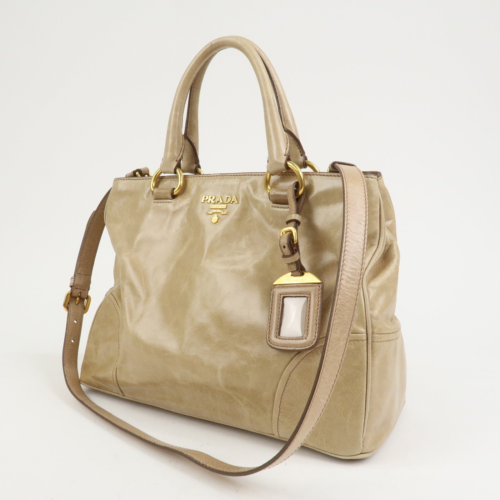 PRADA Logo Leather 2Way Bag Hand Bag Shoulder Bag Beige BN2323