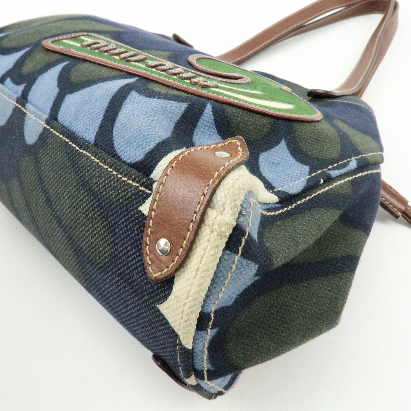 MIU MIU Canvas Leather Tote Bag Shoulder Bag Flower Motif Navy