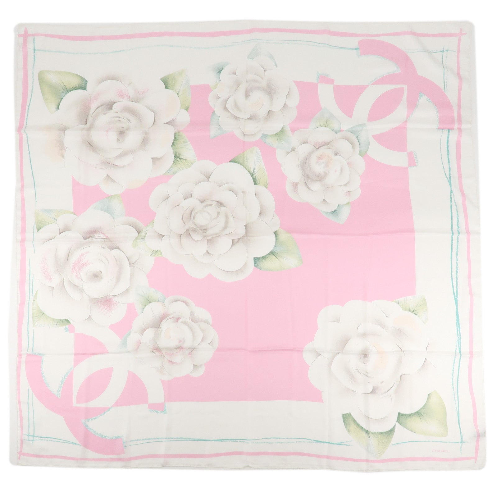 CHANEL COCO Mark Silk 100 % Scarf Pink White Used
