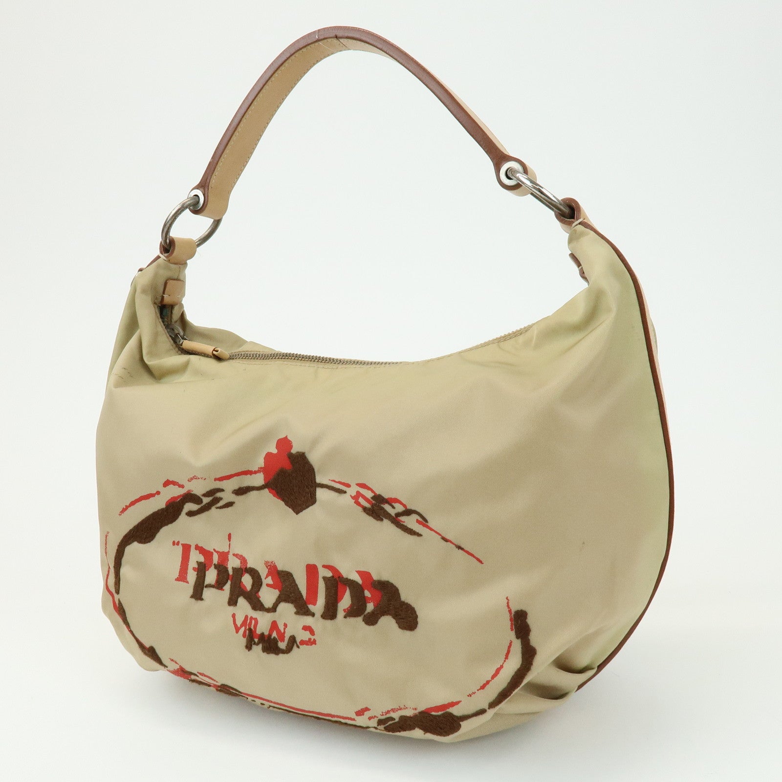 PRADA Logo Nylon Leather Shoulder Bag Hand Bag Beige BR3315