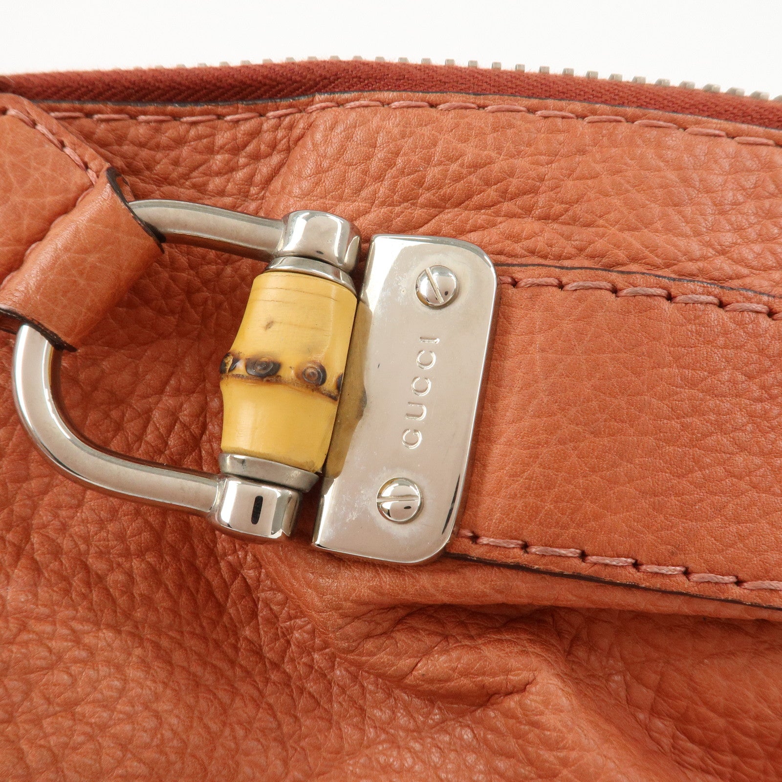 GUCCI Bamboo Leather Boston Bag Shoulder Bag Coral 232959