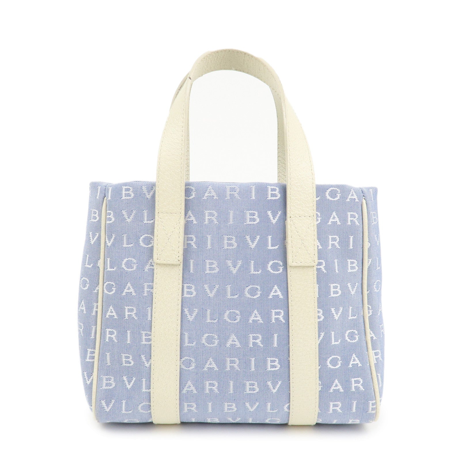 BVLGARI Logo Mania Canvas Leather Tote Bag Hand Bag Light Blue