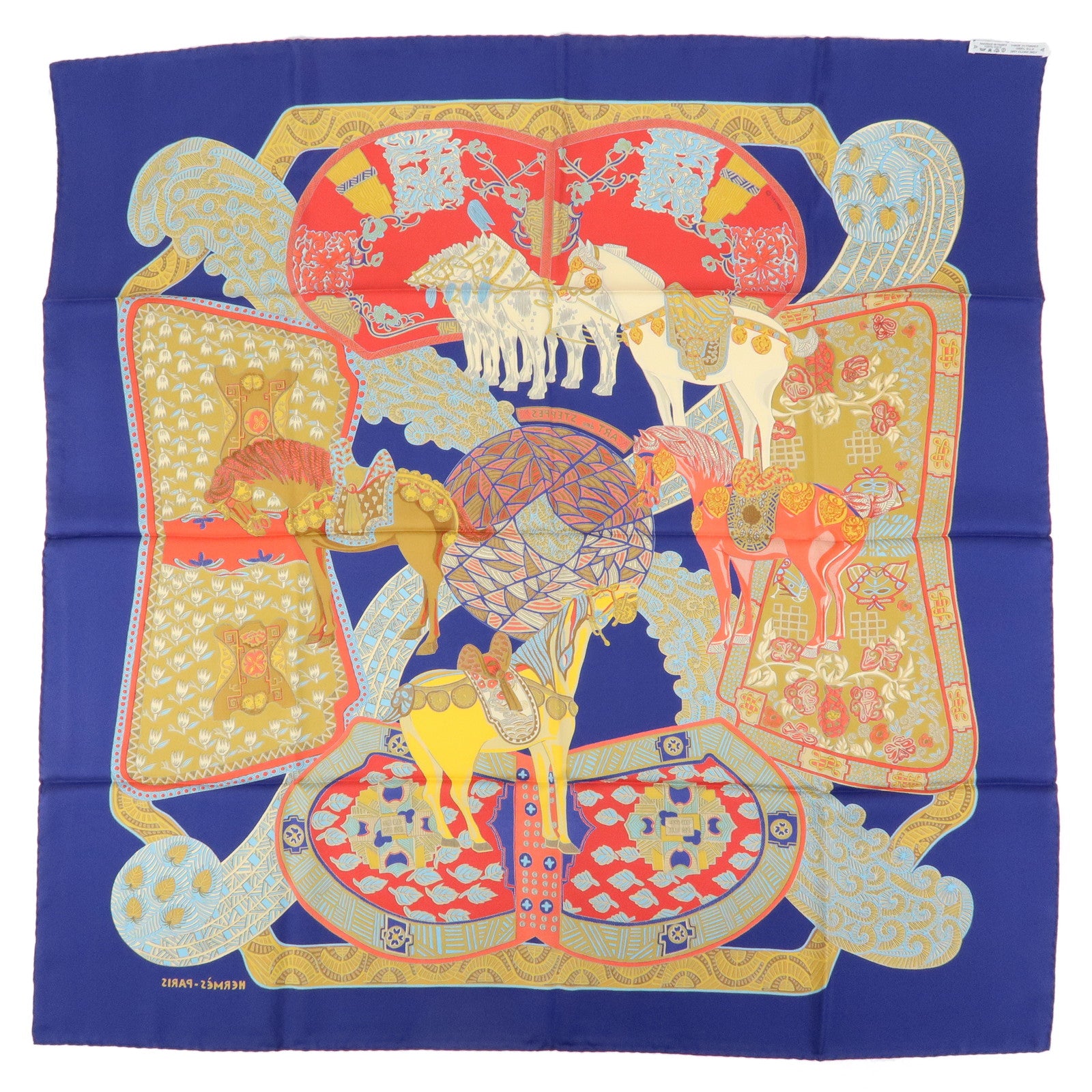 HERMES Carre 90 Silk 100% Scarf ART des STEPPES Horse Print Navy
