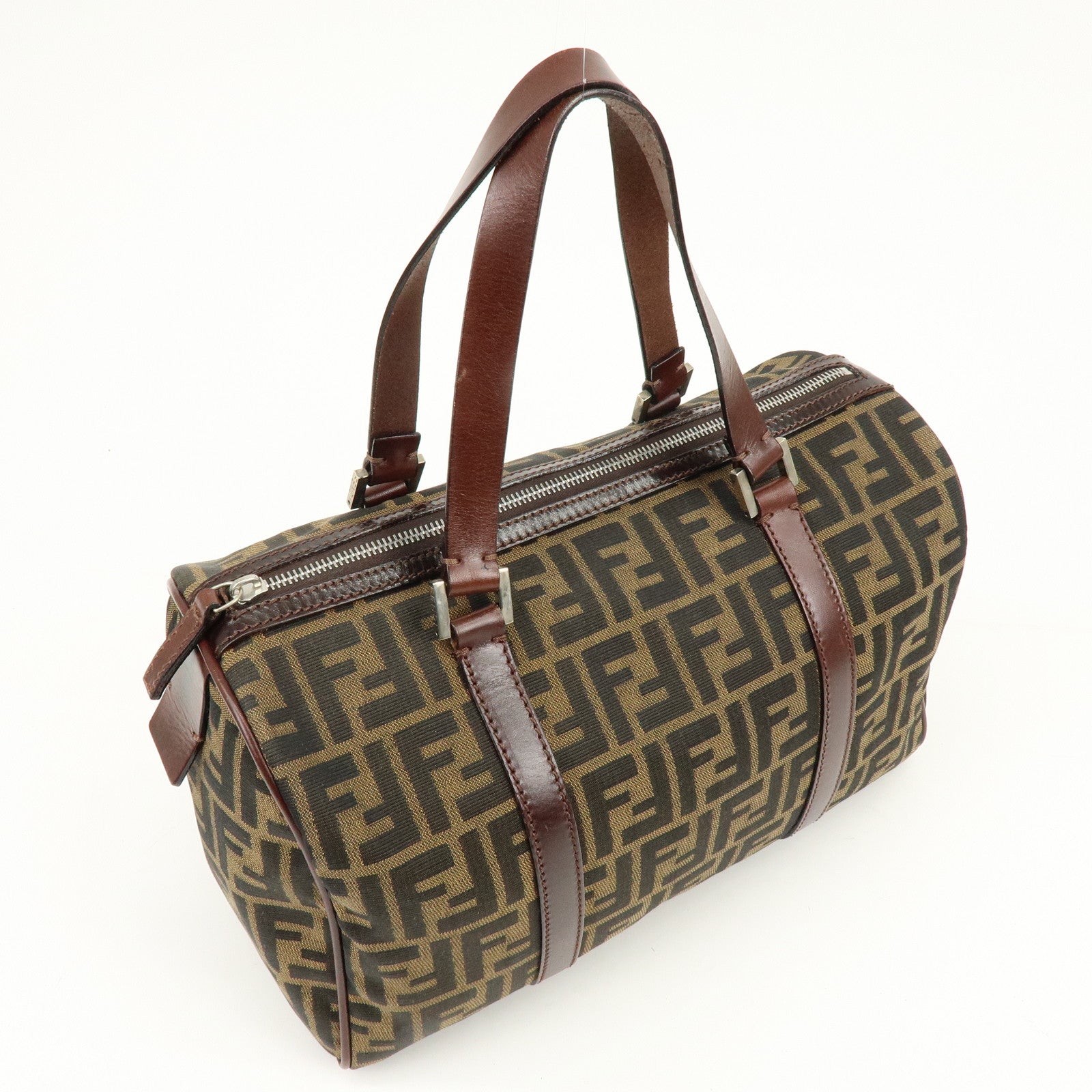 FENDI Zucca Canvas Leather Boston Bag Hand Bag Brown 16327