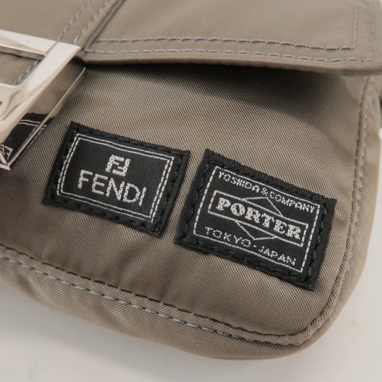 FENDI × PORTER Nylon Leather Baguette Mini 2WAY Bag Grey 7AS138