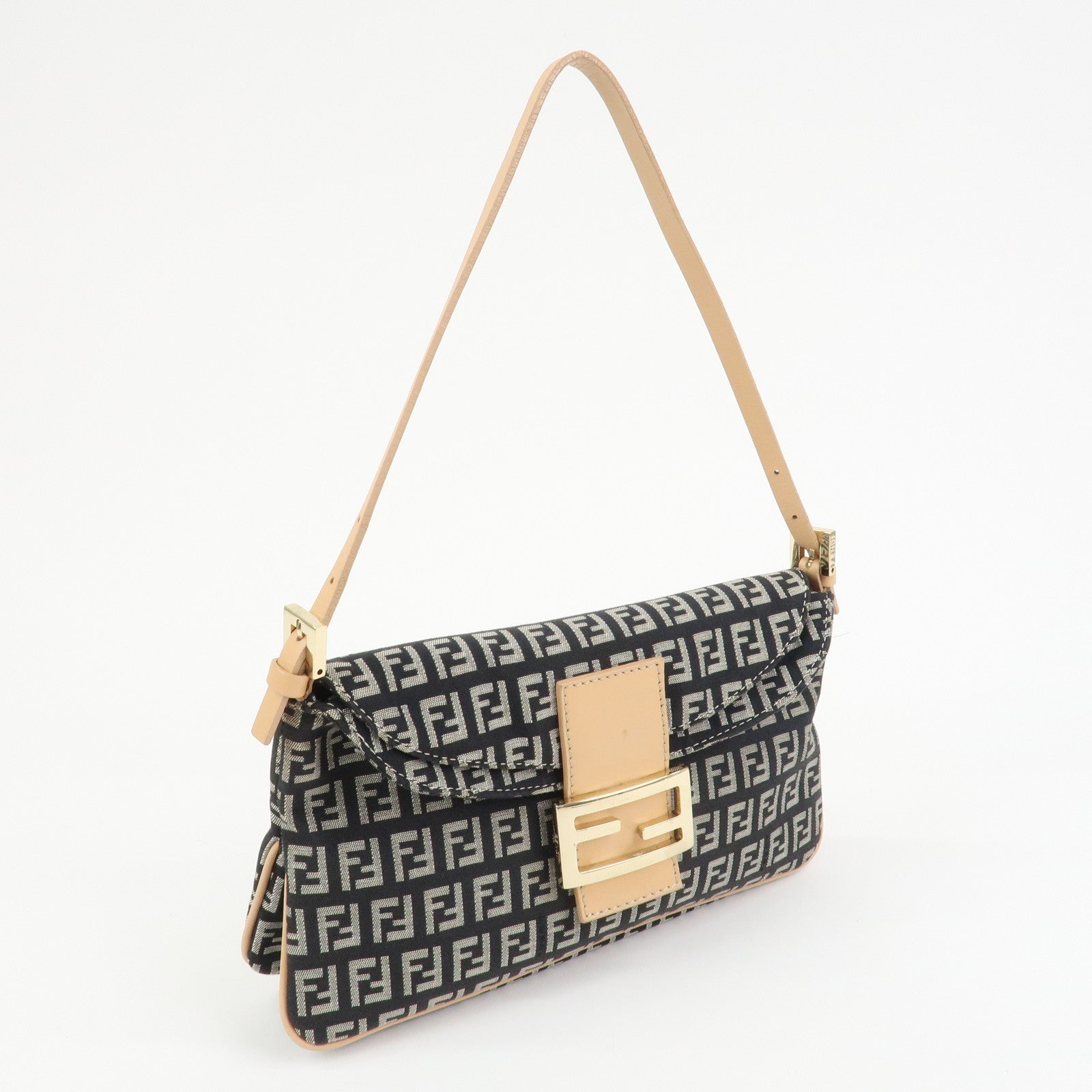 FENDI Zucchino Canvas Leather Shoulder Bag Black Natural 8BR009