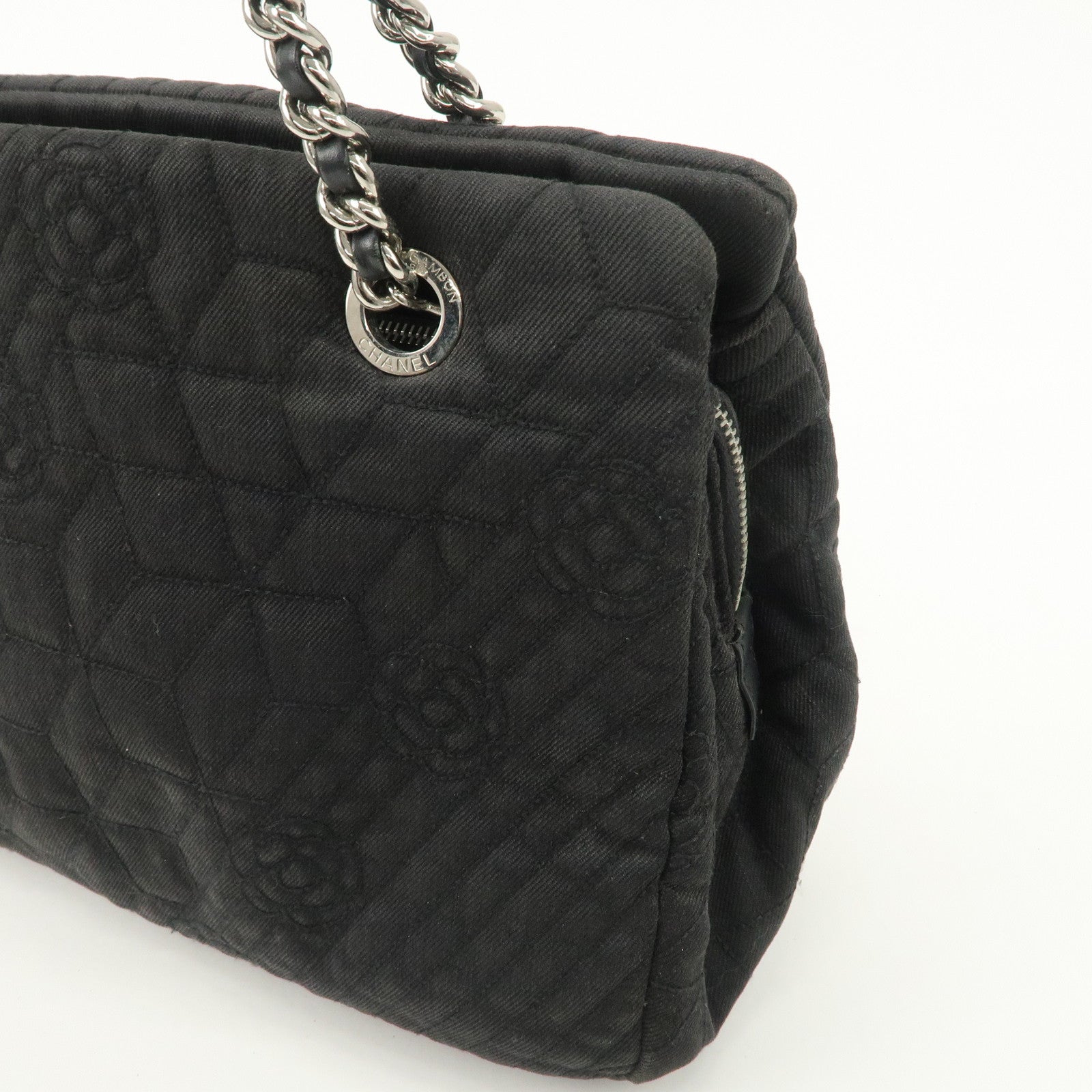 CHANEL Camelia Denim Chain Shoulder Bag Black A66903 Used