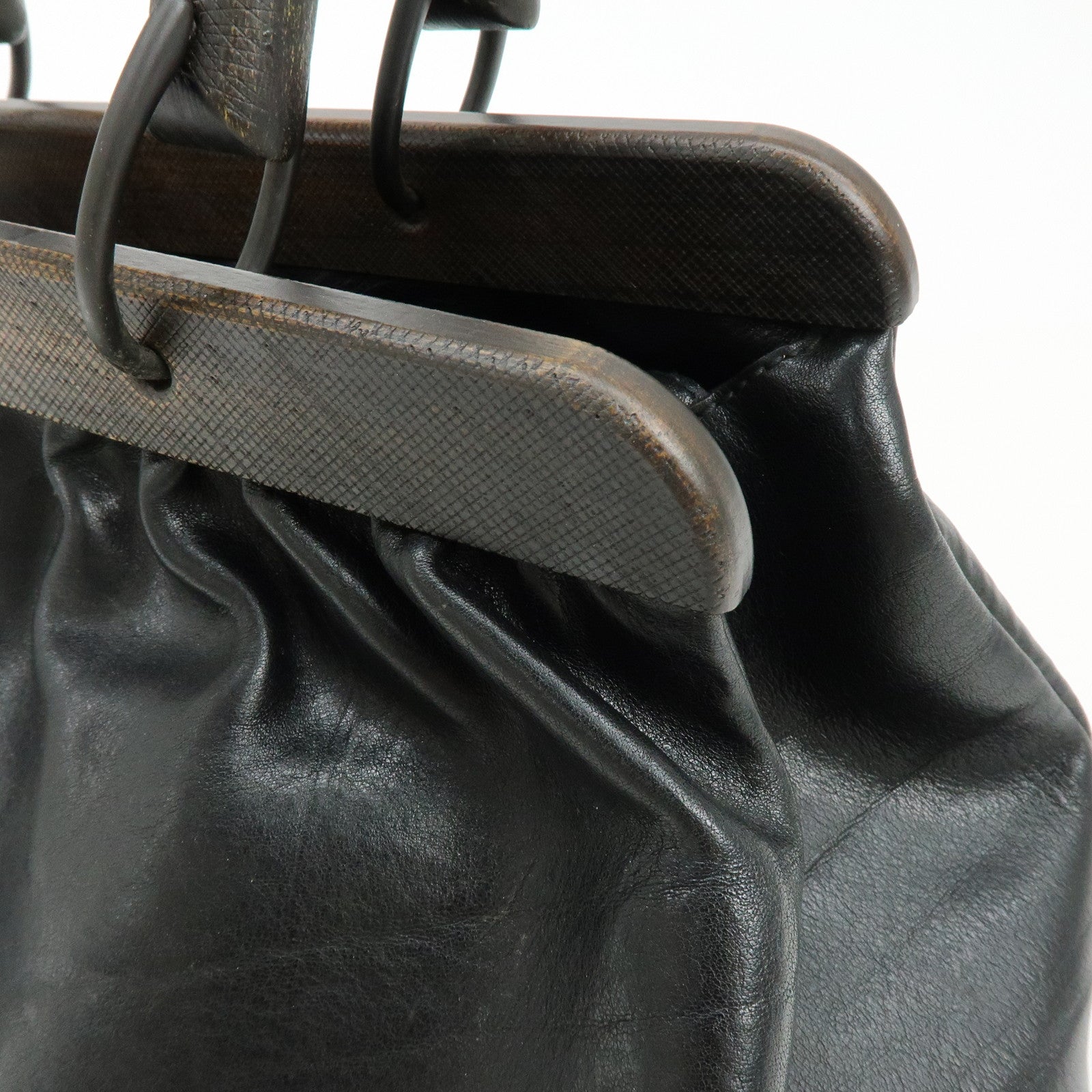 GUCCI Leather Wood Hand Bag Doctor Bag Black 105377
