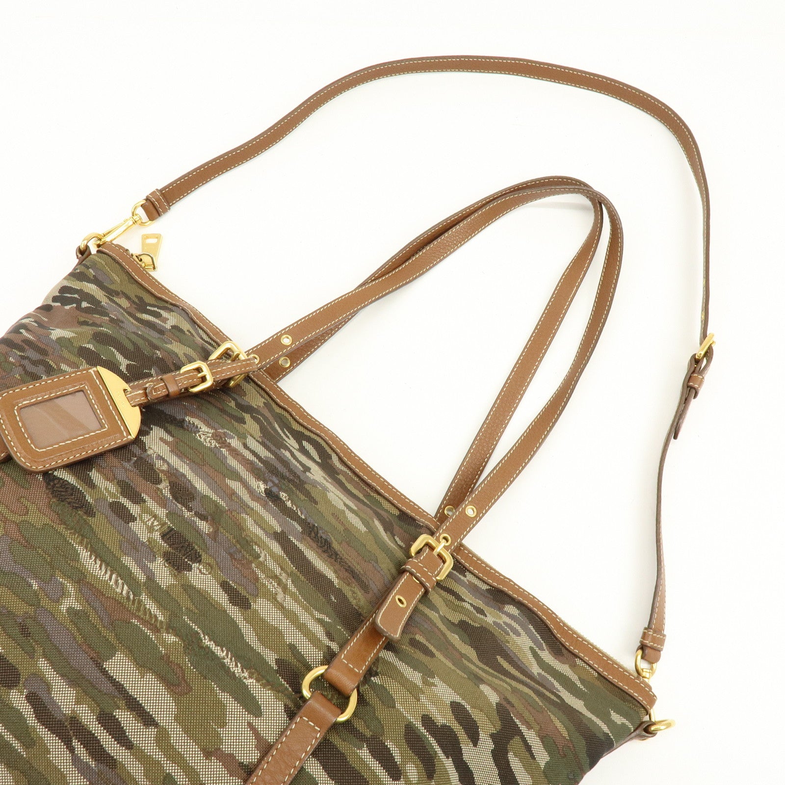 PRADA Canvas Leather Tote Bag Shoulder Bag Camouflage Brown Khaki