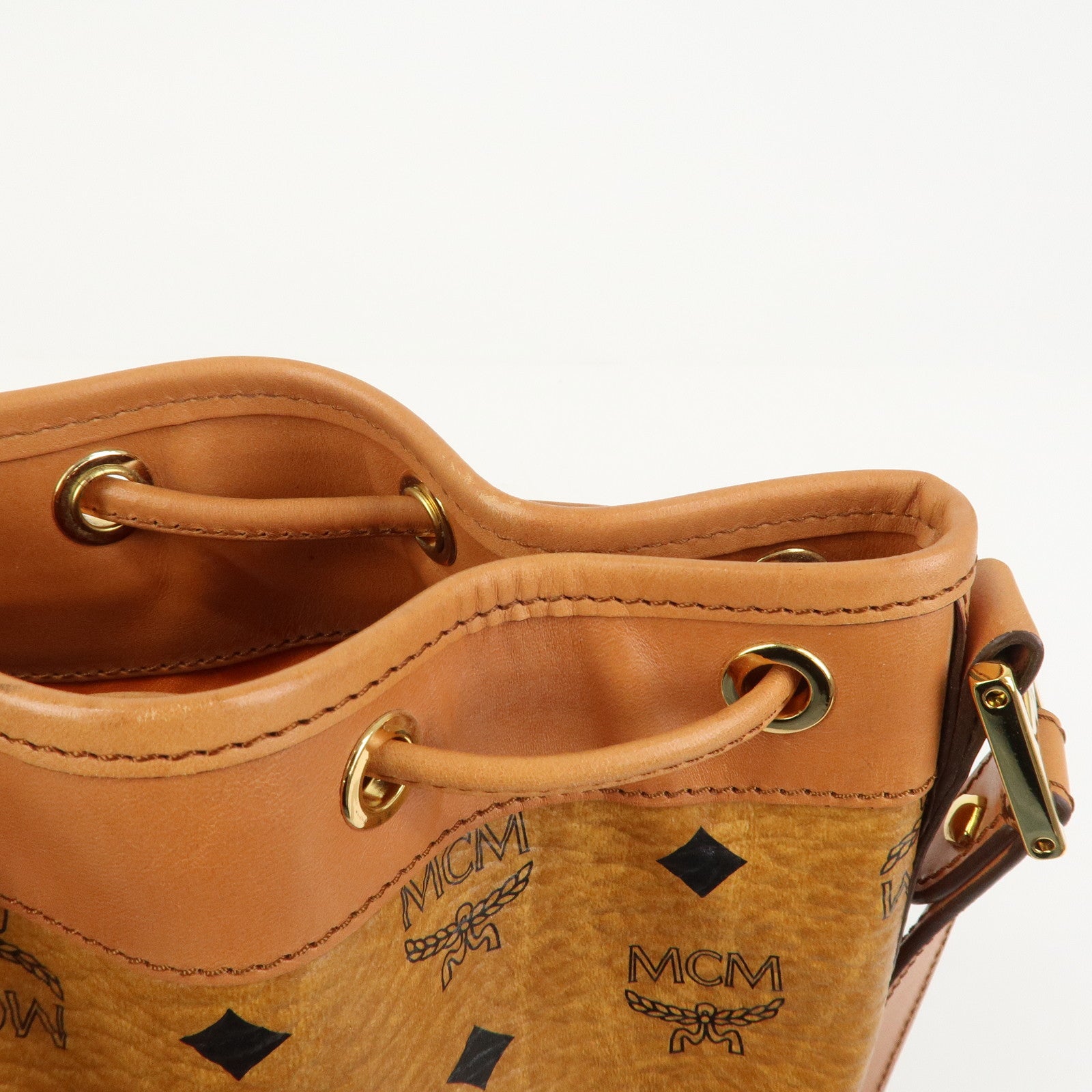 MCM Visetos Leather Bucket Bag Shoulder Bag Drawstring Brown