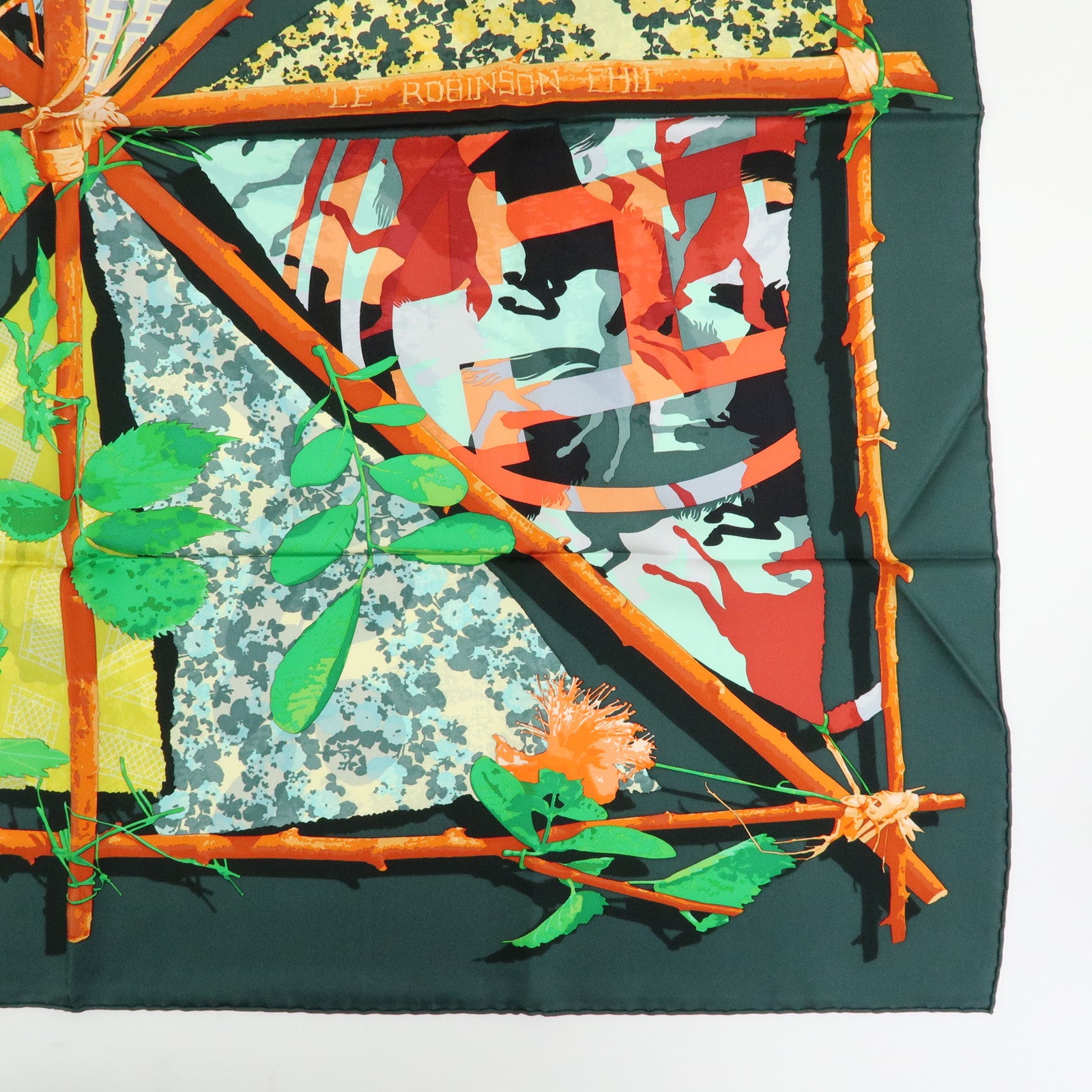 HERMES Carre 90 Silk 100% Scarf LE ROBINSON CHIC Green Brown