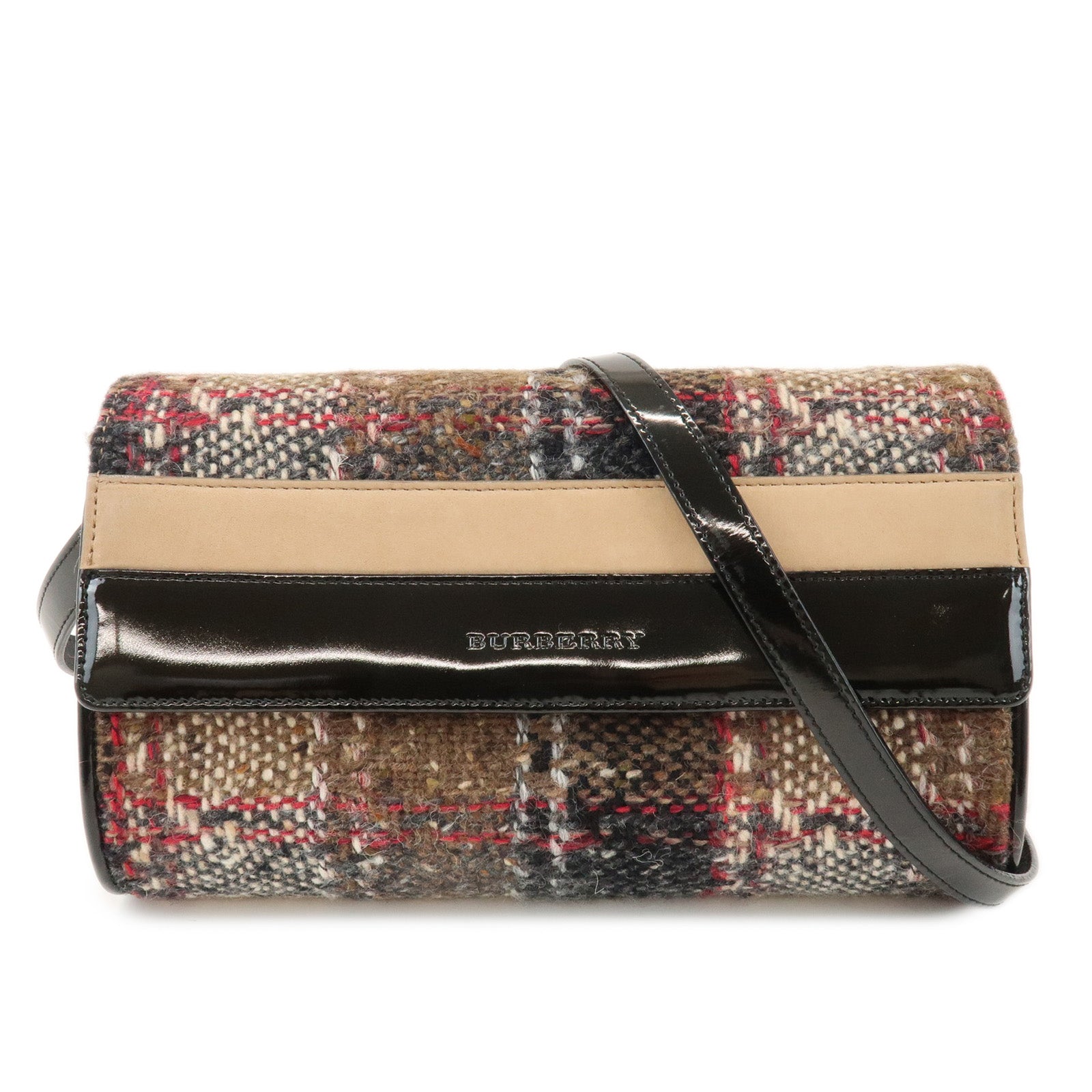 BURBERRY Tweed Patent Leather Suede Shoulder Bag Plaid Beige Black