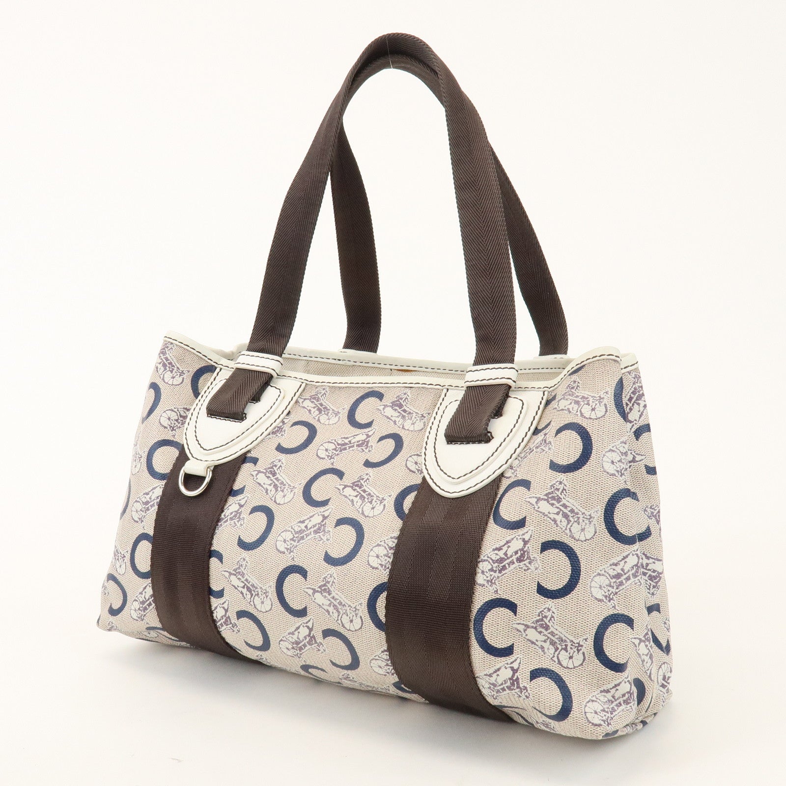 CELINE C Macadam PVC Nylon Leather Tote Bag Hand Bag Brown Beige