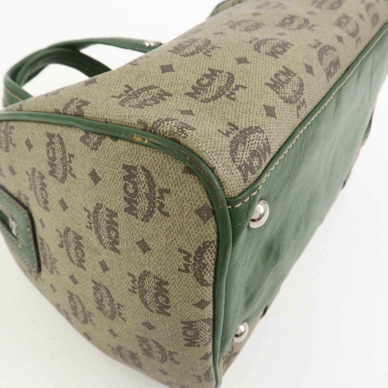 MCM Visetos PVC Coating Canvas Leather Boston Bag Beige Green