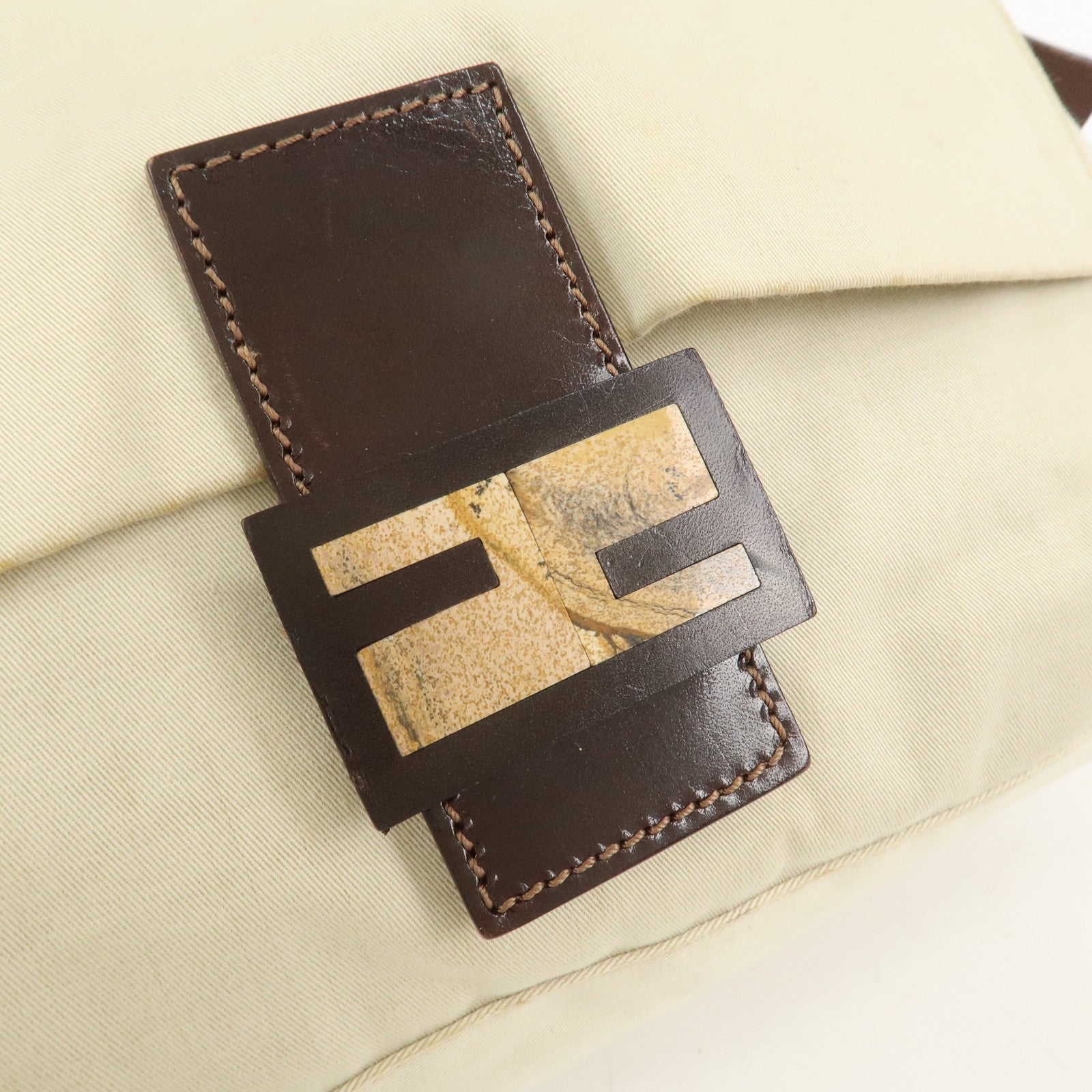 FENDI Mamma Baguette Canvas Leather Shoulder Bag Ivory Brown 26325