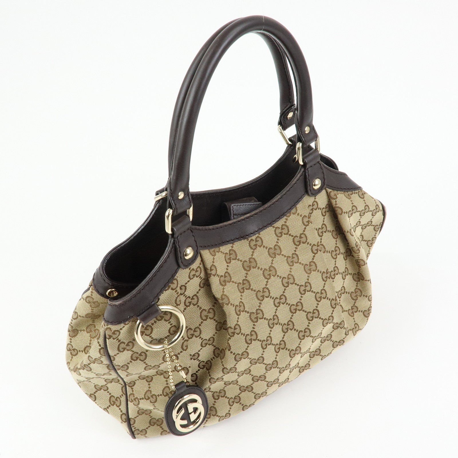 GUCCI GG Canvas Leather Tote Bag Hand Bag Dark Brown Beige 211944