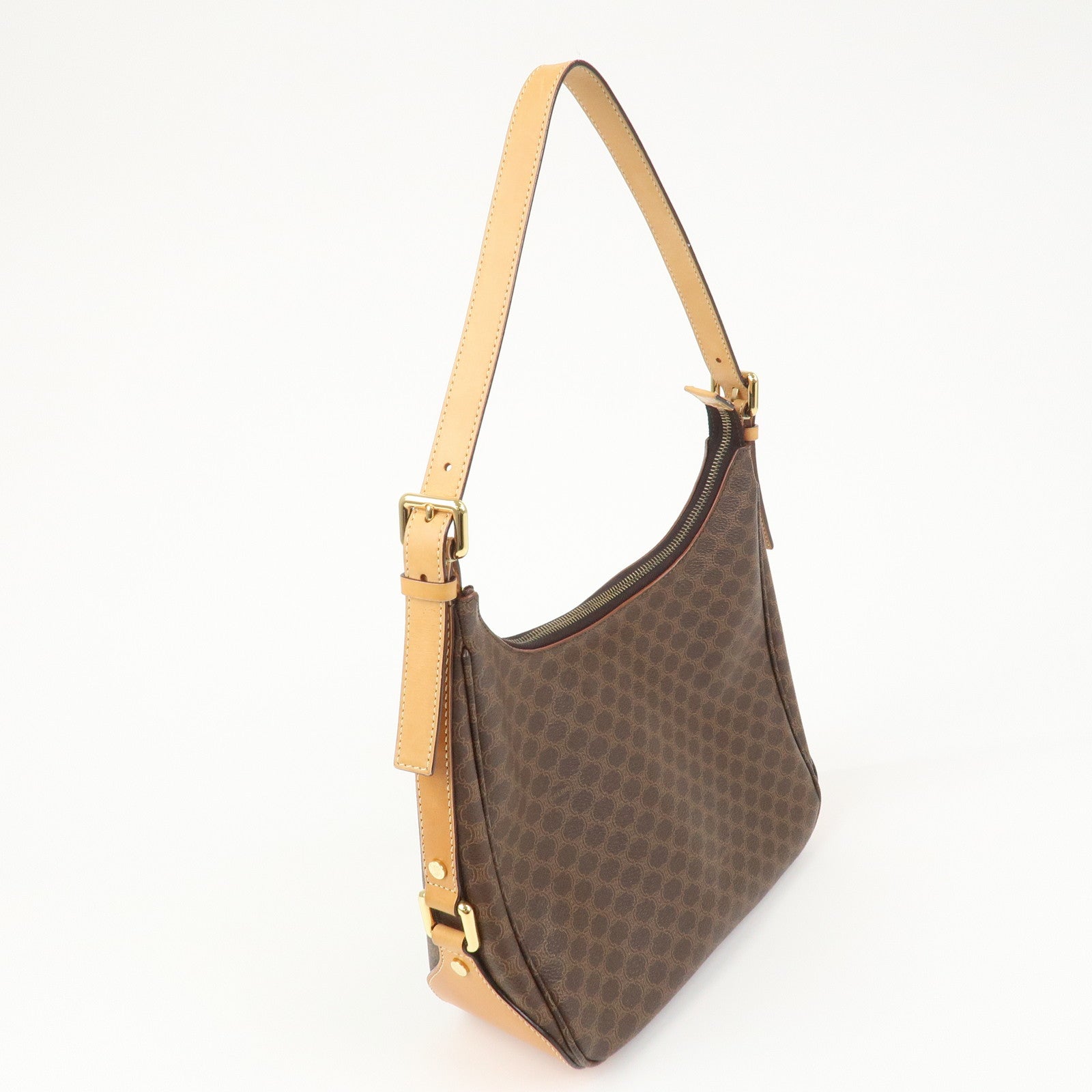 CELINE Macadam PVC Coating Canvas Leather Shoulder Bag Brown